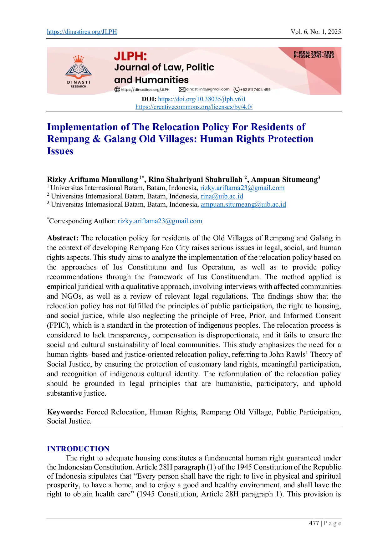 JURIS Implementation of The Relocation Policy For Residents of Rempang Galang Old Villages Human Rights Protection Issues