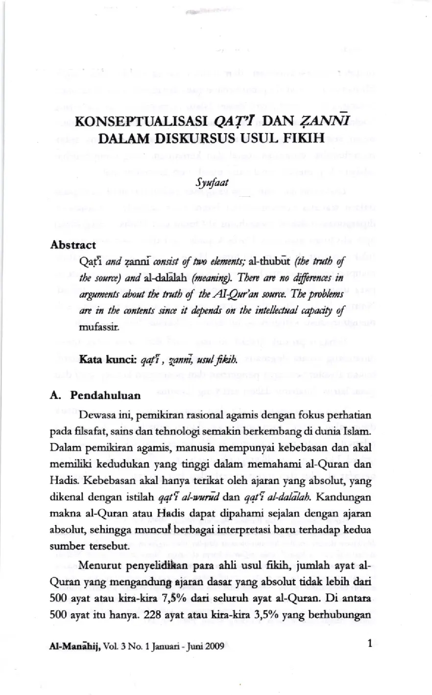 juris Konseptualisasi Qat i dan Zanni dalam Diskursus Usul Fikih