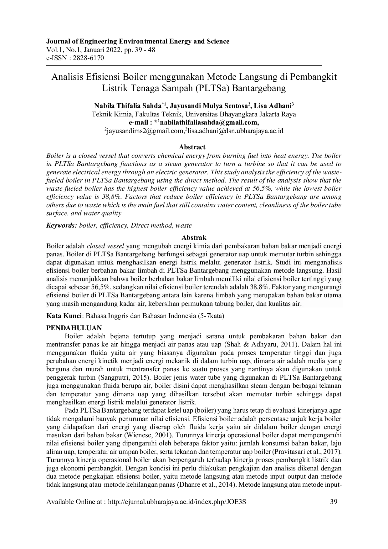 JURIS Analisis Efisiensi Boiler menggunakan Metode Langsung di Pembangkit Listrik Tenaga Sampah PLTSa Bantargebang