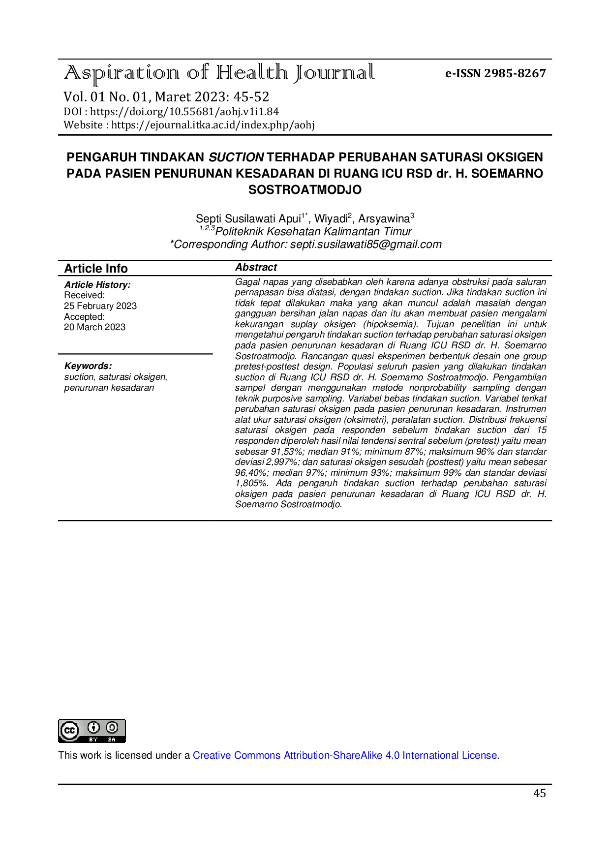 JURIS PENGARUH TINDAKAN SUCTION TERHADAP PERUBAHAN SATURASI OKSIGEN PADA PASIEN PENURUNAN KESADARAN DI RUANG ICU RSD dr H SOEMARNO SOSTROATMODJO
