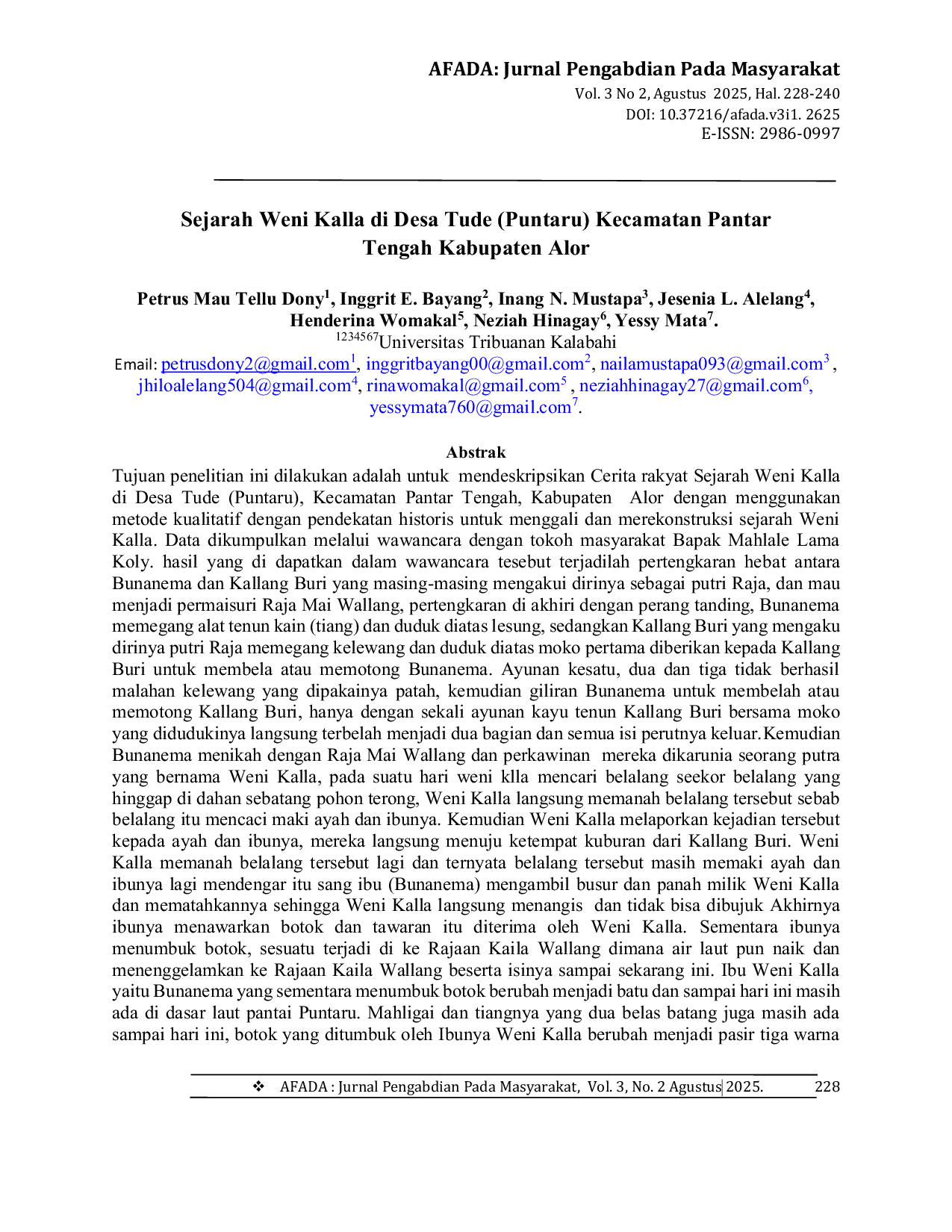 JURIS Sejarah Weni Kalla di Desa Tude Puntaru Kecamatan Pantar Tengah Kabupaten Alor