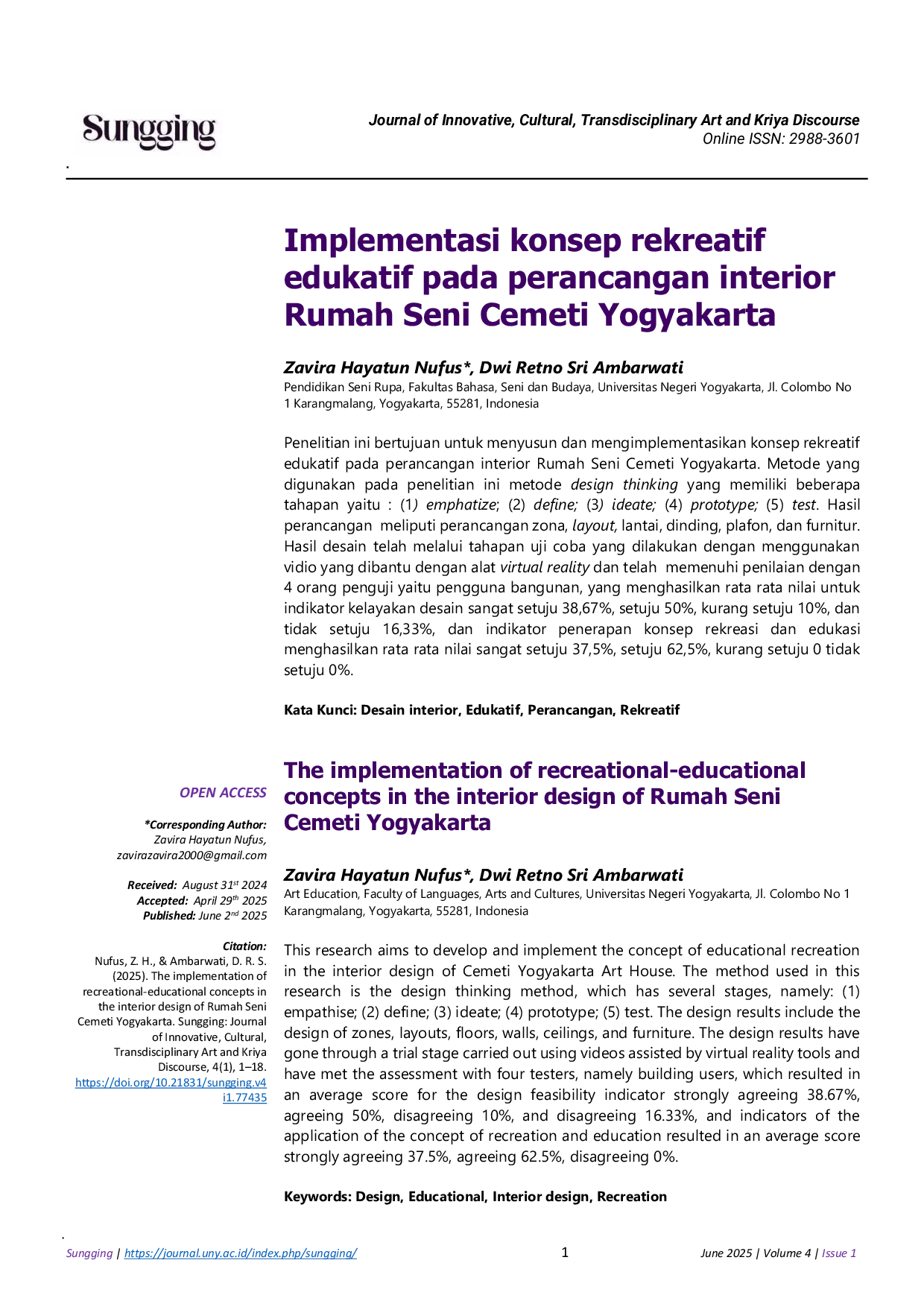 JURIS The implementation of recreational educational concepts in the interior design of Rumah Seni Cemeti Yogyakarta Implementasi konsep rekreatif edukatif pada perancangan interior Rumah Seni Cemeti Yogya