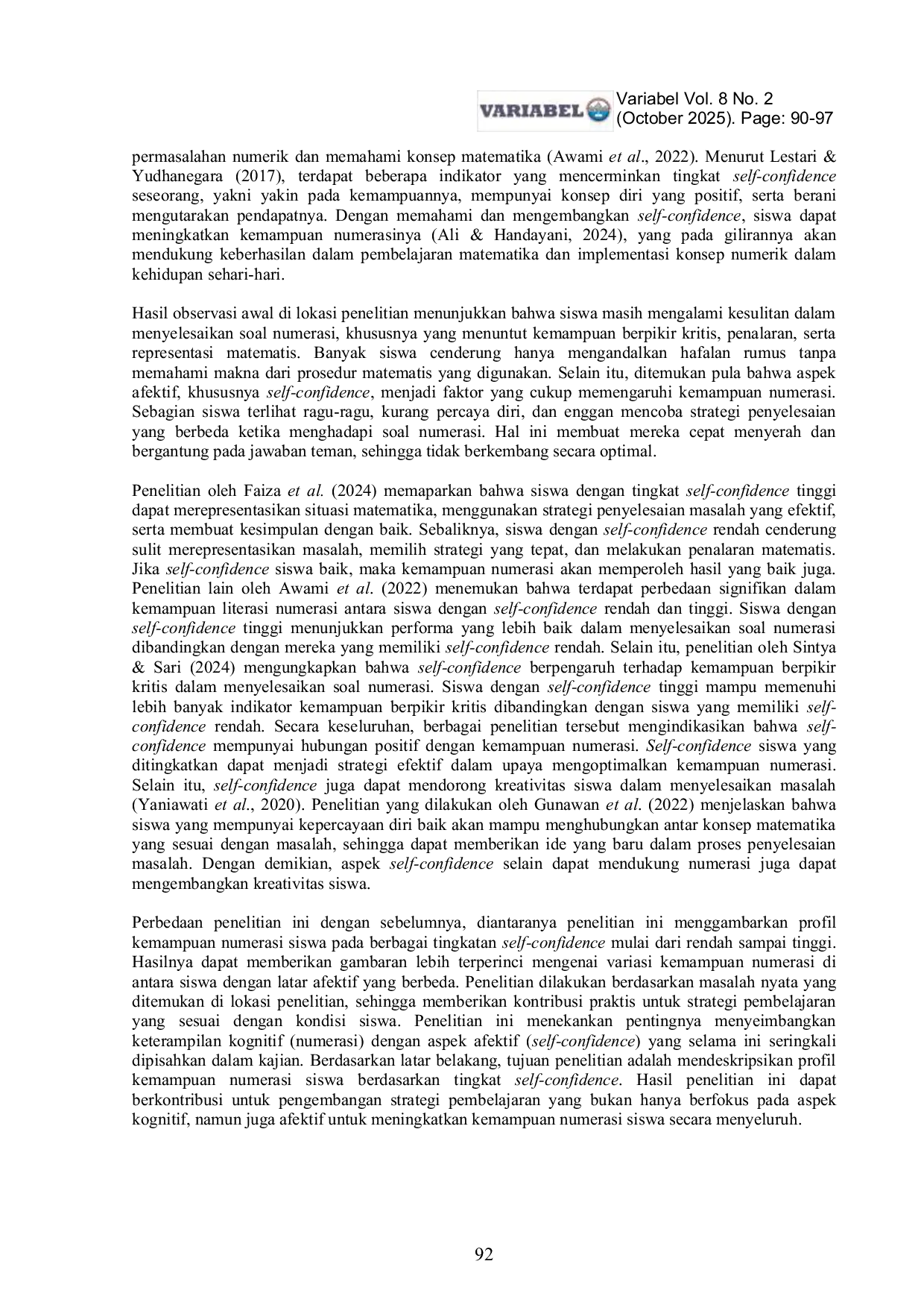 JURIS Profil Kemampuan Numerasi Siswa Ditinjau dari Self Confidence