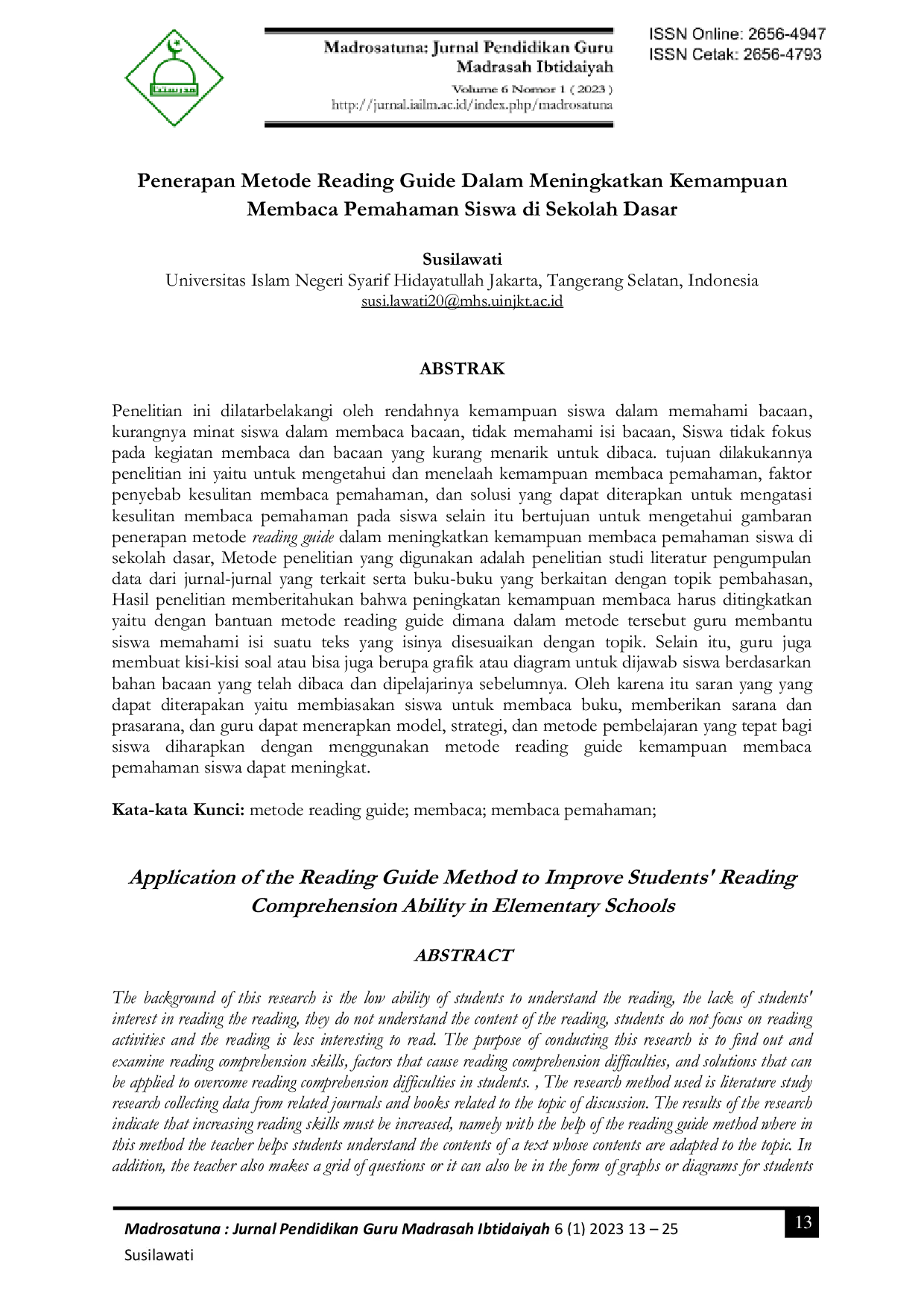 JURIS Penerapan Metode Reading Guide Dalam Meningkatkan Kemampuan Membaca Pemahaman Siswa di Sekolah Dasar