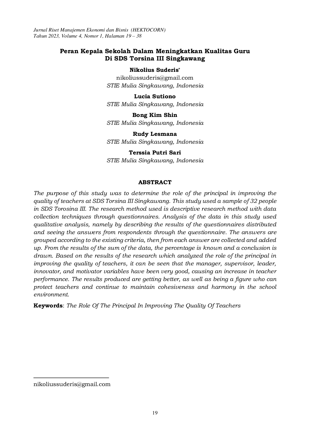 JURIS Peran Kepala Sekolah Dalam Meningkatkan Kualitas Guru Di SDS Torsina III Singkawang