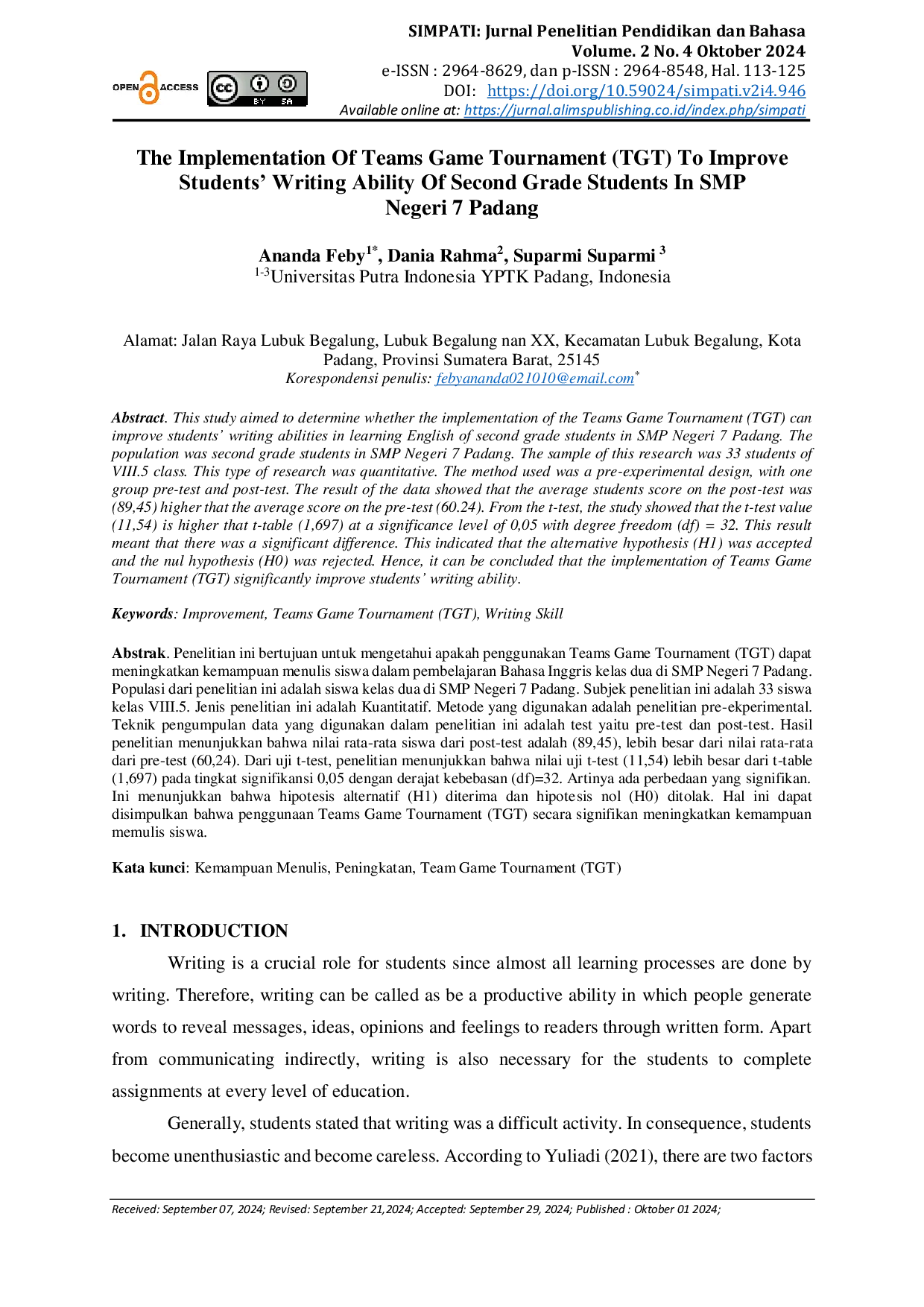 JURIS The Implementation of Teams Game Tournament TGT to Improve Students Writing Ability of Second Grade Students in SMP Negeri 7 Padang