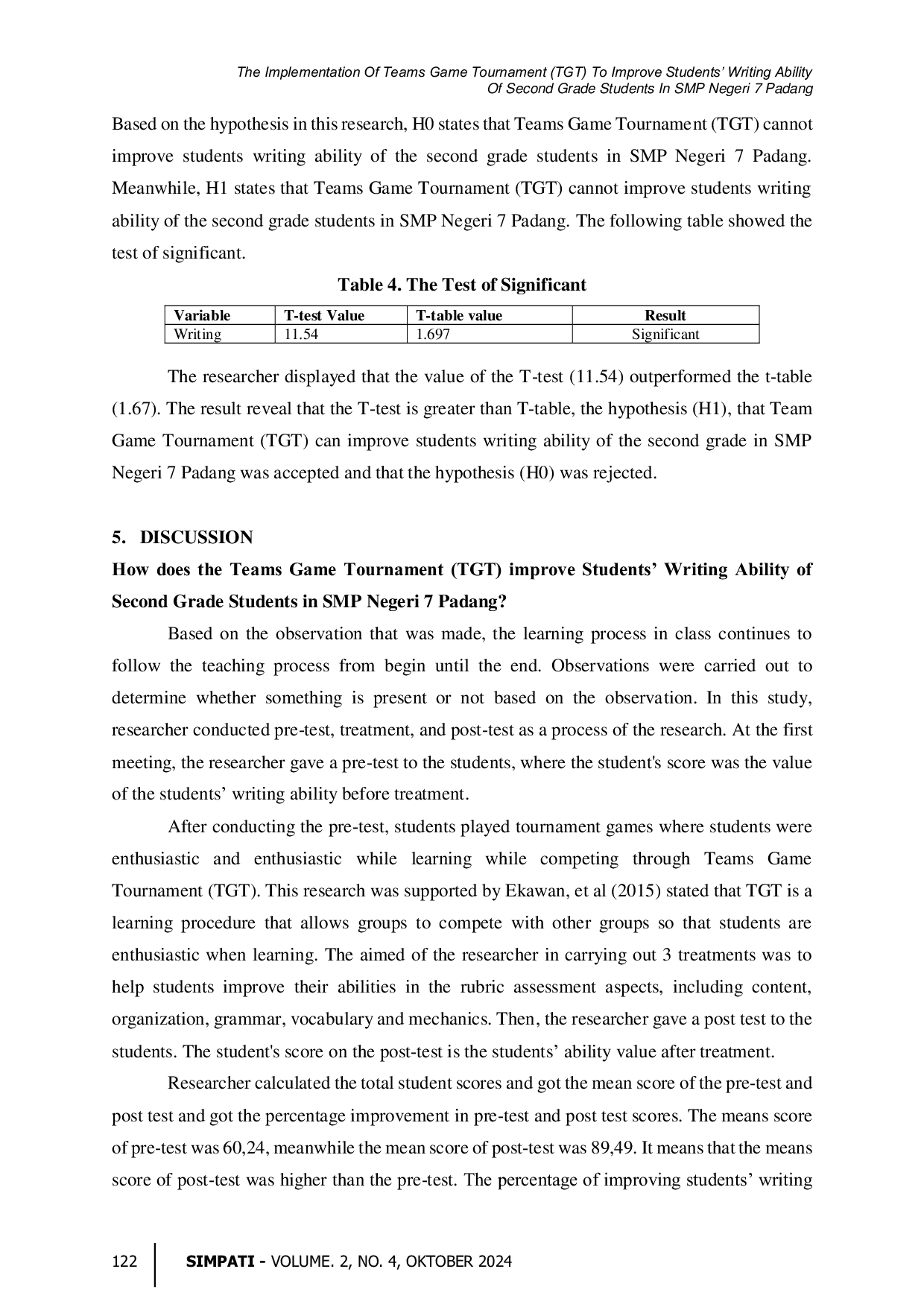 JURIS The Implementation of Teams Game Tournament TGT to Improve Students Writing Ability of Second Grade Students in SMP Negeri 7 Padang