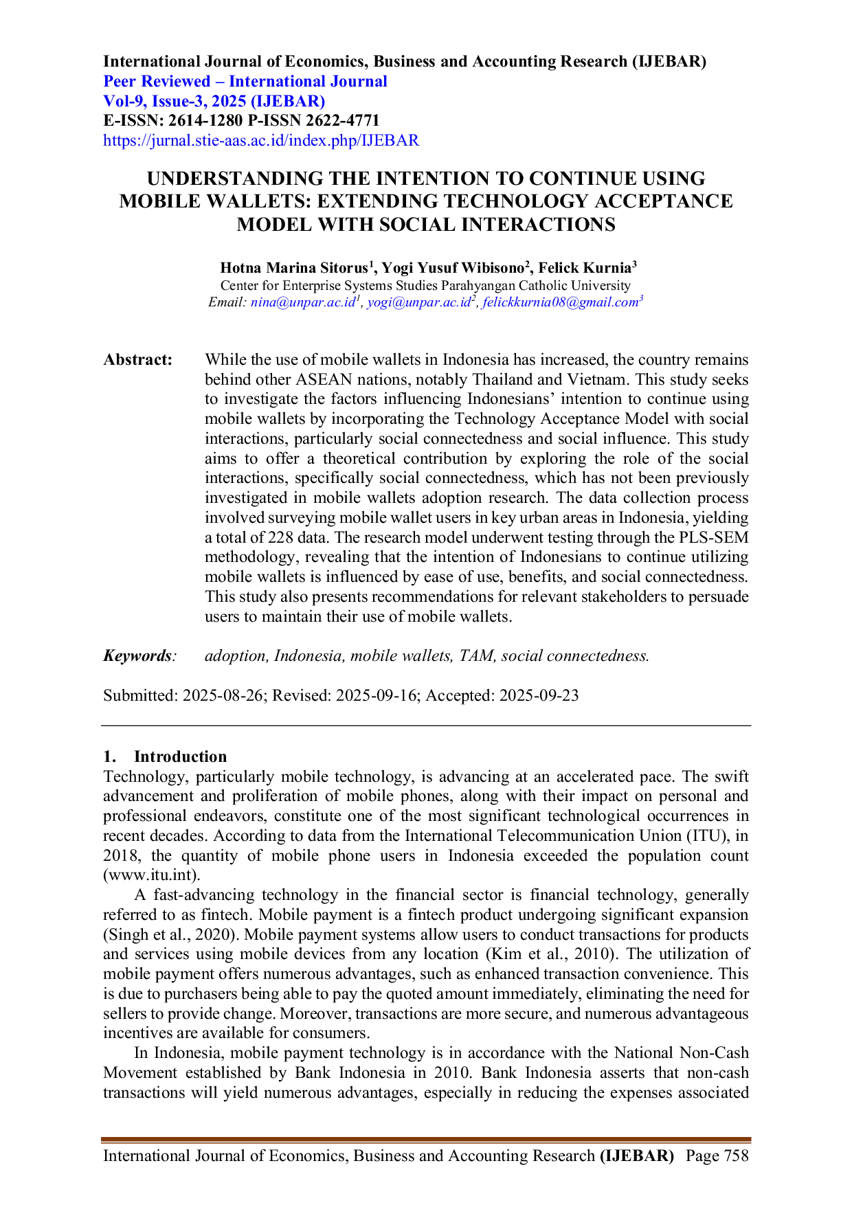 JURIS Memahami penggunaan kontinu mobile wallet di Indonesia Integrasi Technology Acceptance Model dengan interaksi sosial