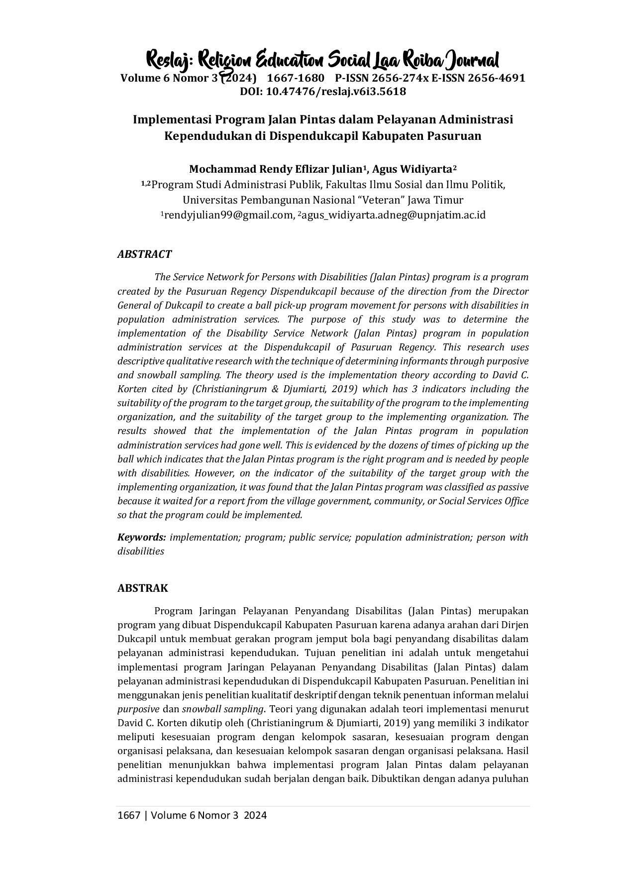 JURIS Implementasi Program Jalan Pintas dalam Pelayanan Administrasi Kependudukan di Dispendukcapil Kabupaten Pasuruan