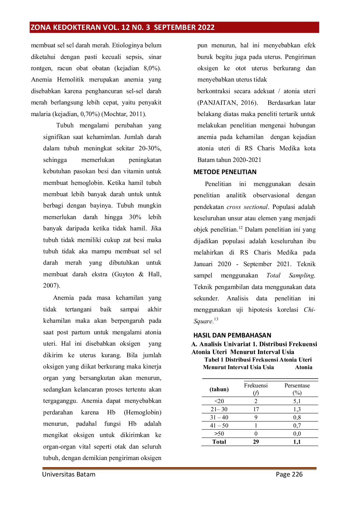 JURIS Hubungan Anemia pada Ibu Hamil dengan Kejadian Atonia Uteri di Rs Charis Medika Kota Batam