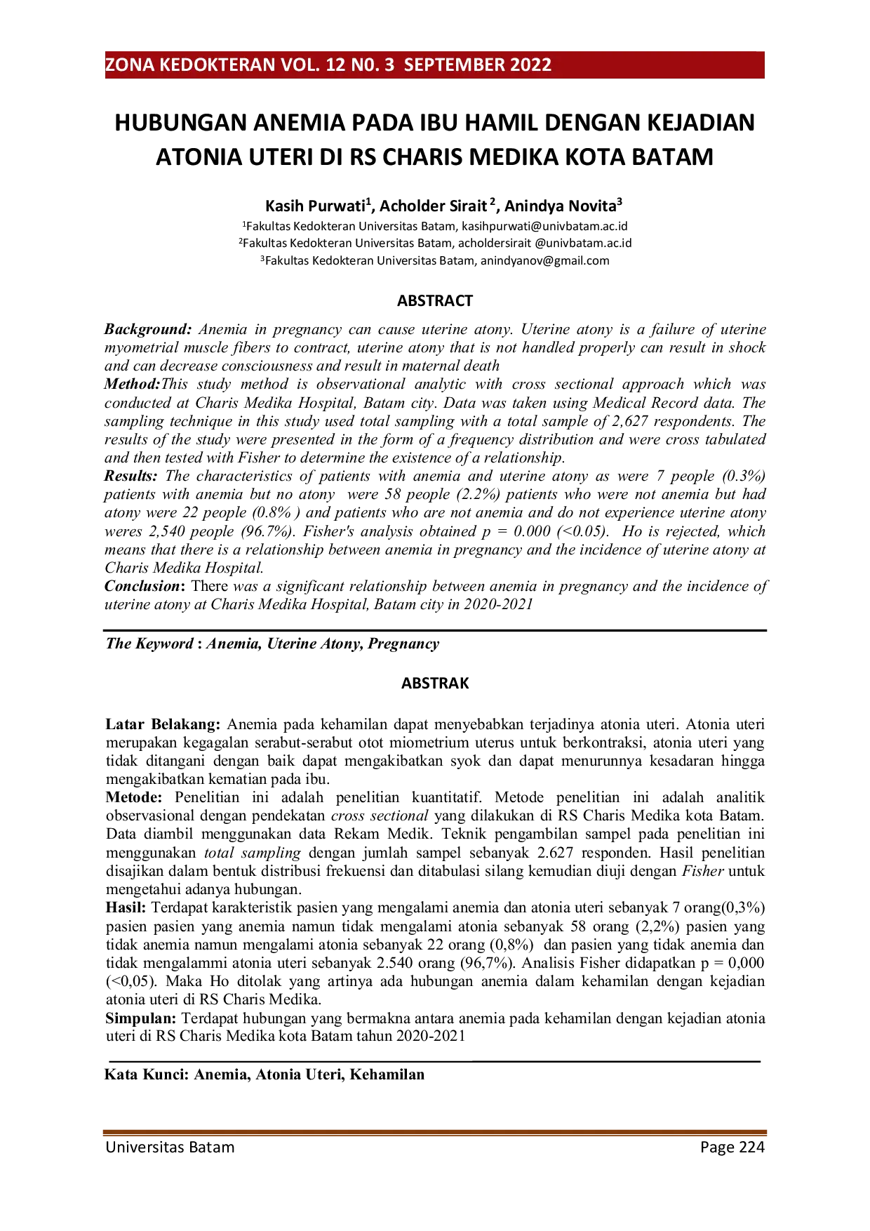 JURIS Hubungan Anemia pada Ibu Hamil dengan Kejadian Atonia Uteri di Rs Charis Medika Kota Batam