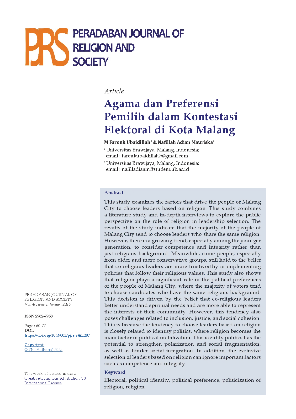 juris Agama dan Preferensi Pemilih dalam Kontestasi Elektoral di Kota Malang