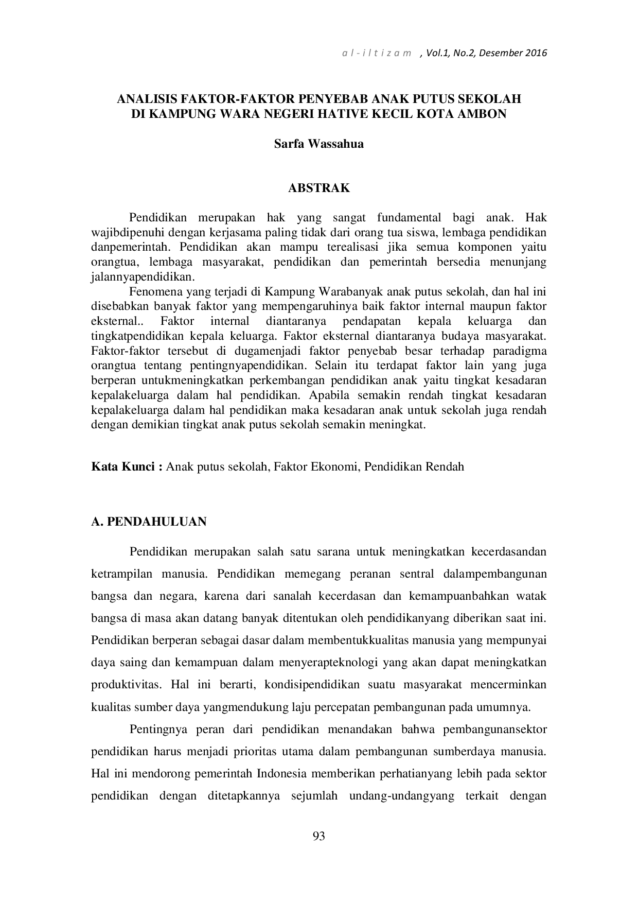 JURIS Analisis Faktor Faktor Penyebab Anak Putus Sekolah Di Kampung Wara Negeri Hative Kecil Kota Ambon