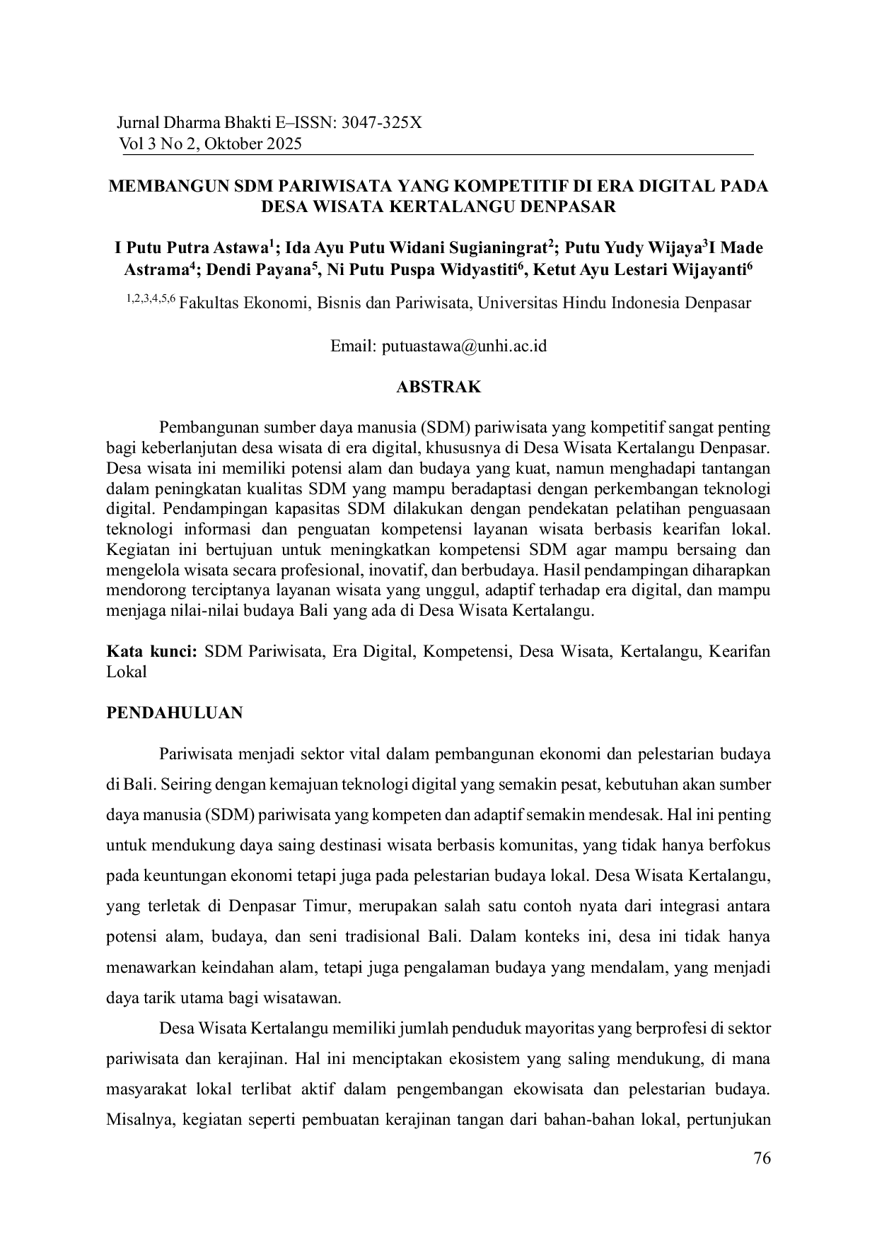 JURIS Membangun SDM Pariwisata Yang Kompetitif Di Era Digital Pada Desa Wisata Kertalangu Denpasar