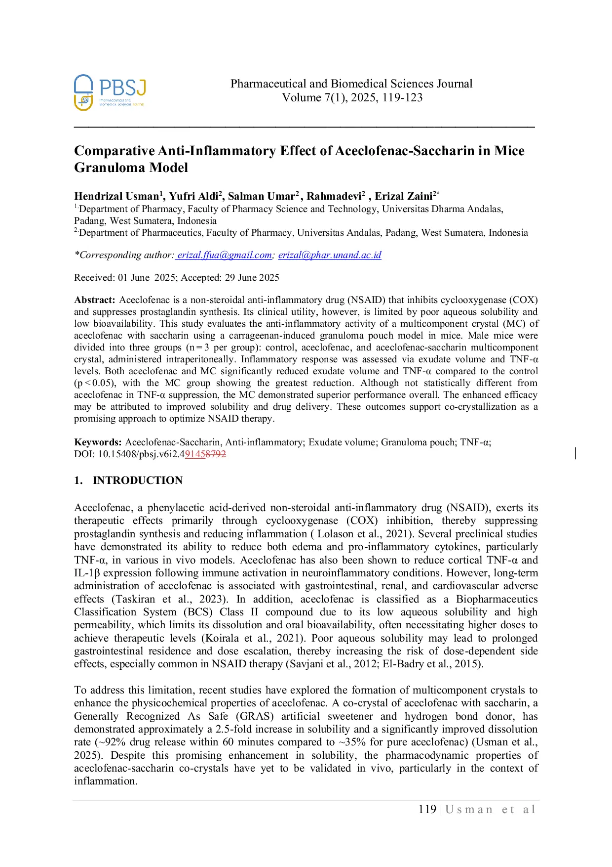 JURIS Comparative Anti Inflammatory Effect of Aceclofenac Saccharin in Mice Granuloma Model
