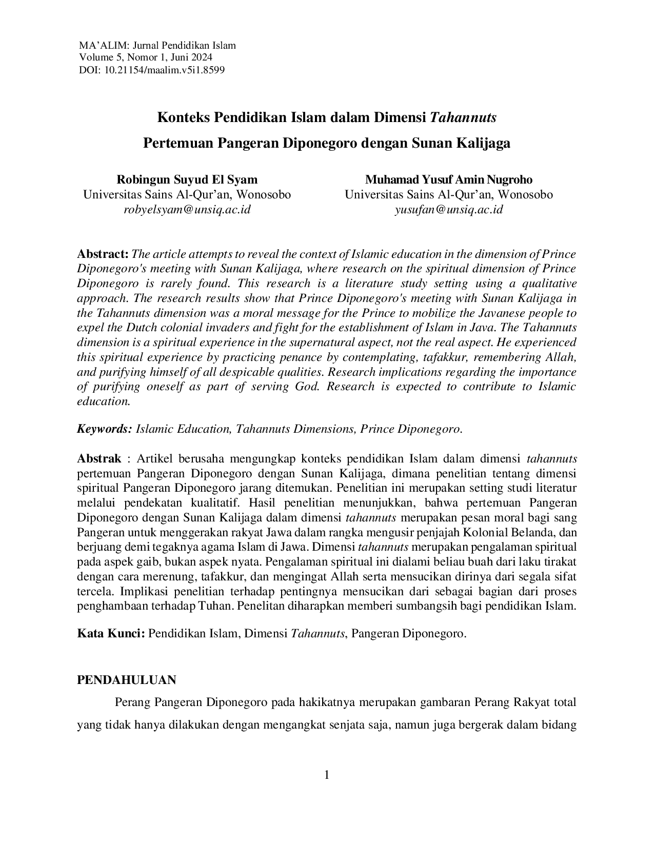 JURIS Konteks Pendidikan Islam dalam Dimensi Tahannuts Pertemuan Pangeran Diponegoro dengan Sunan Kalijaga