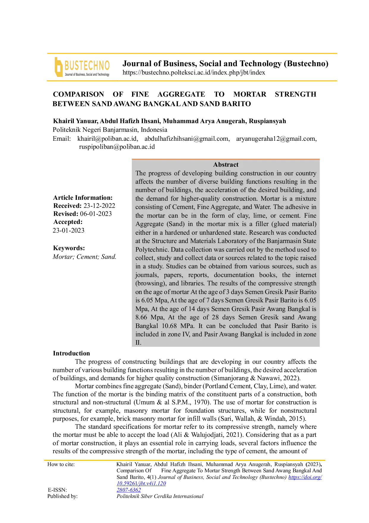 JURIS Comparison of Fine Aggregate to Mortar Strength Between Sand Awang Bangkal and Sand Barito