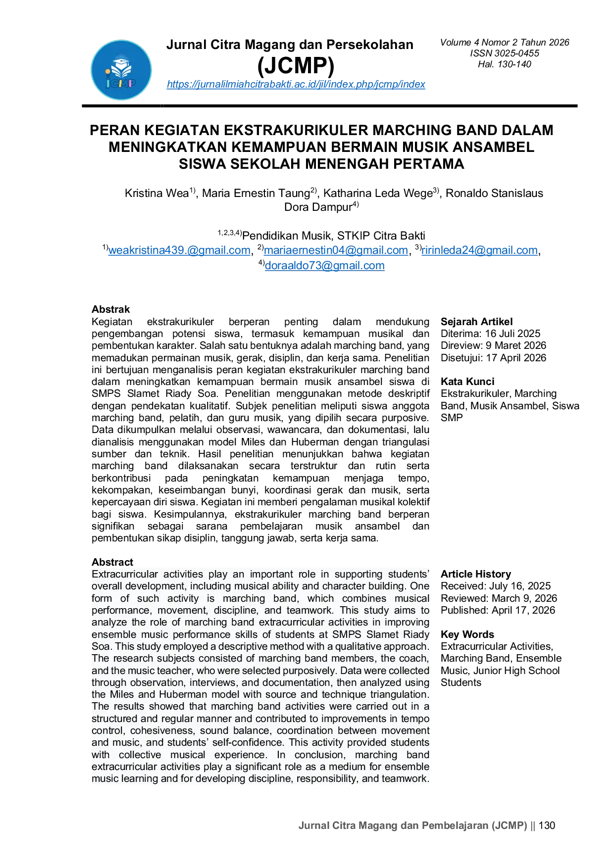JURIS Peran Kegiatan Ekstrakurikuler Marching Band Dalam Meningkatkan Kemampuan Bermain Musik Ansambel Siswa Sekolah Menengah Pertama