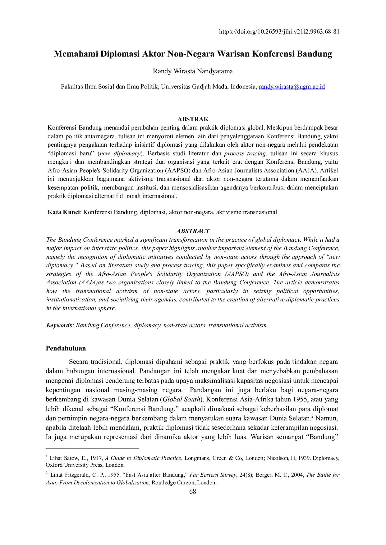 JURIS Memahami Diplomasi Aktor Non Negara Warisan Konferensi Bandung