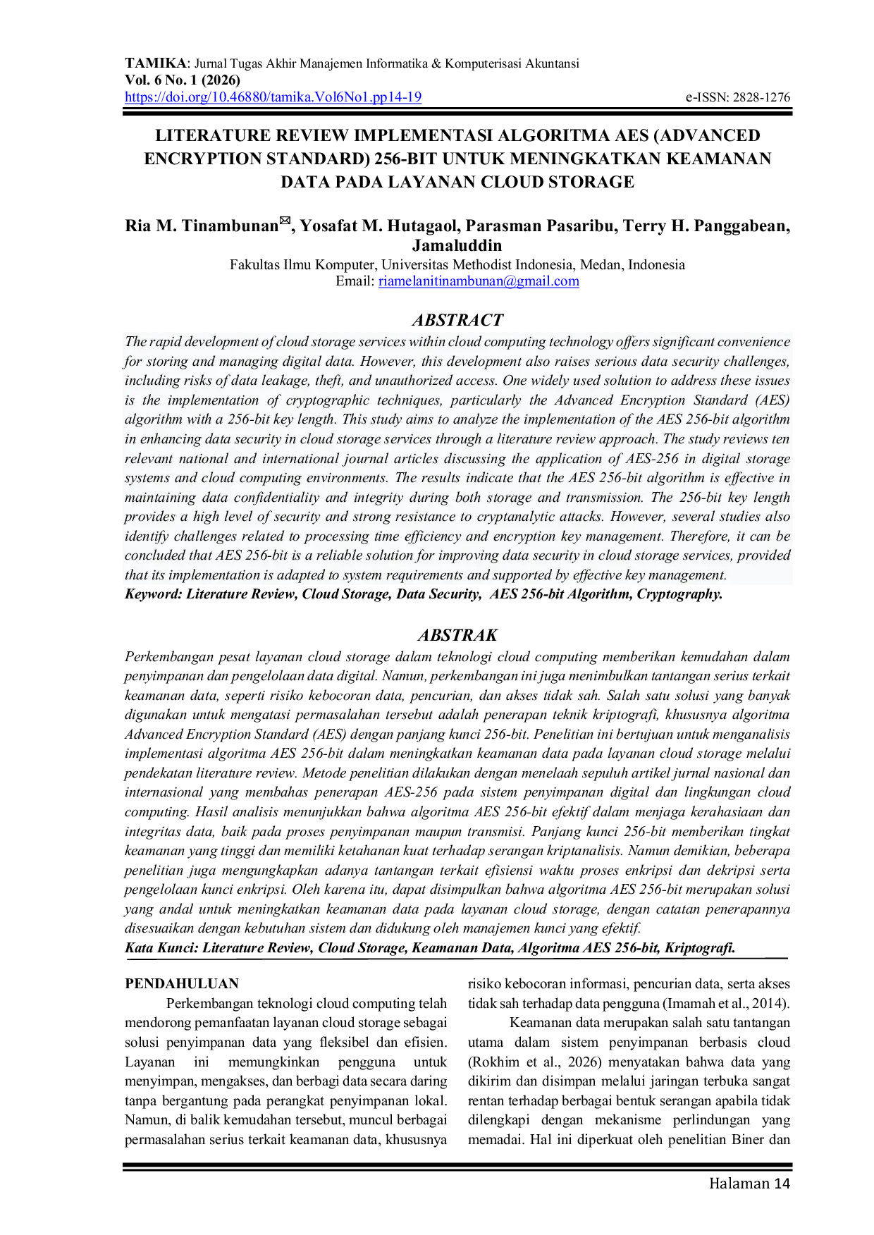 JURIS Literature Review Implementation of AES Advanced Encryption Standard 256 Bit to Enhance Data Security in Cloud Storage Services
