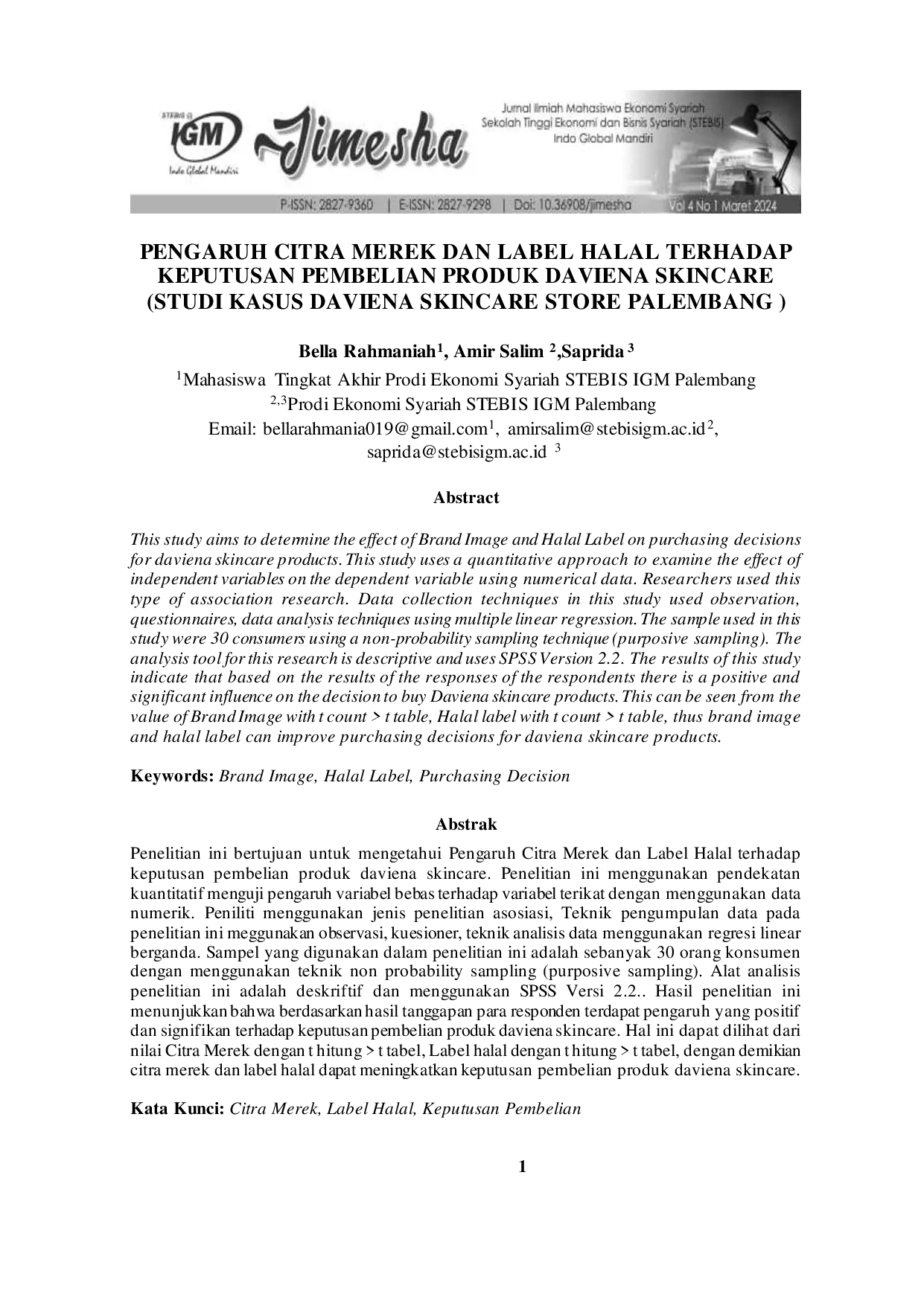 JURIS Pengaruh Citra Merek Dan Label Halal Terhadap Keputusan Pembelian Produk Daviena Skincare Studi Kasus Daviena Skincare Store Palembang