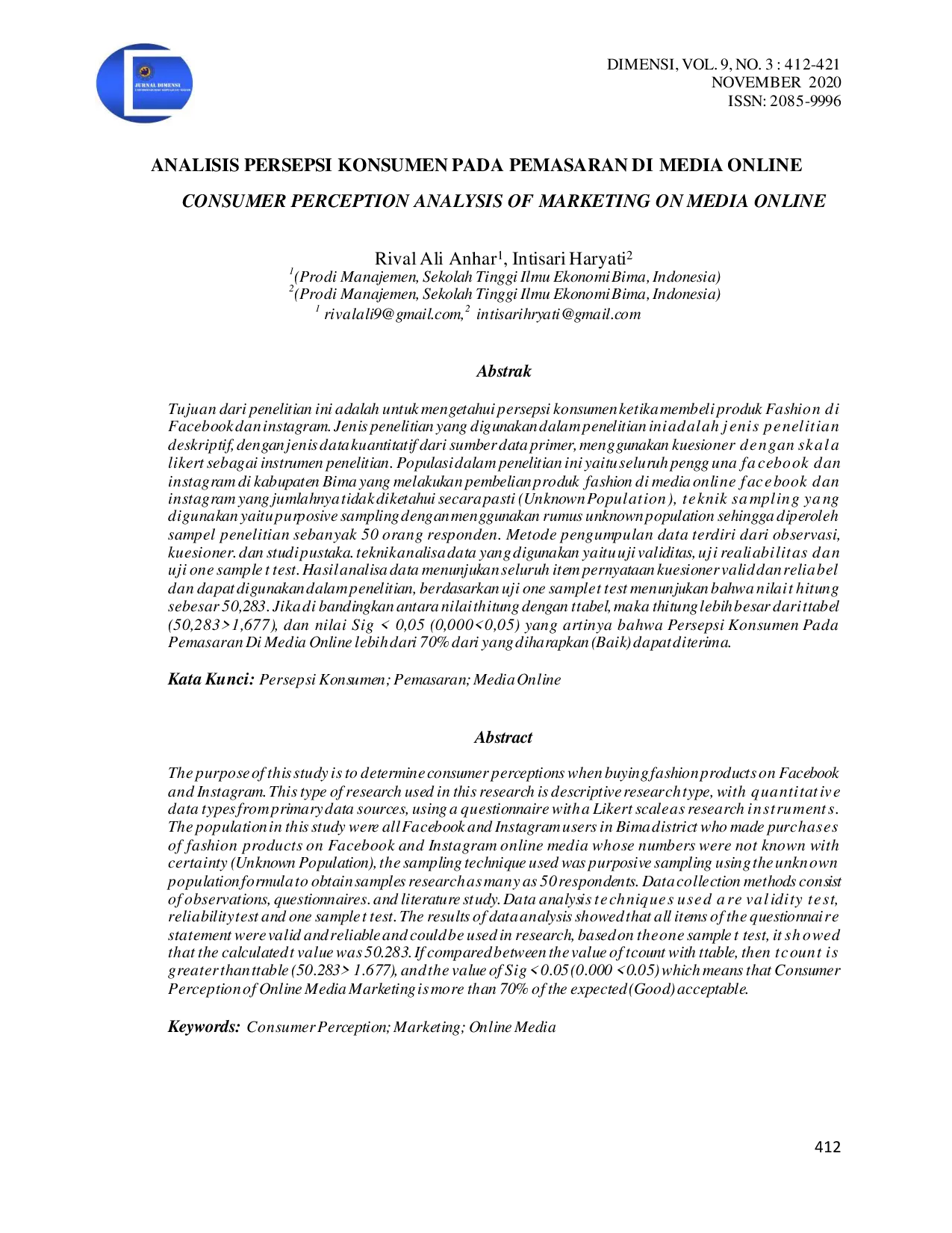 JURIS Analisis Persepsi Konsumen Pada Pemasaran Di Media Online