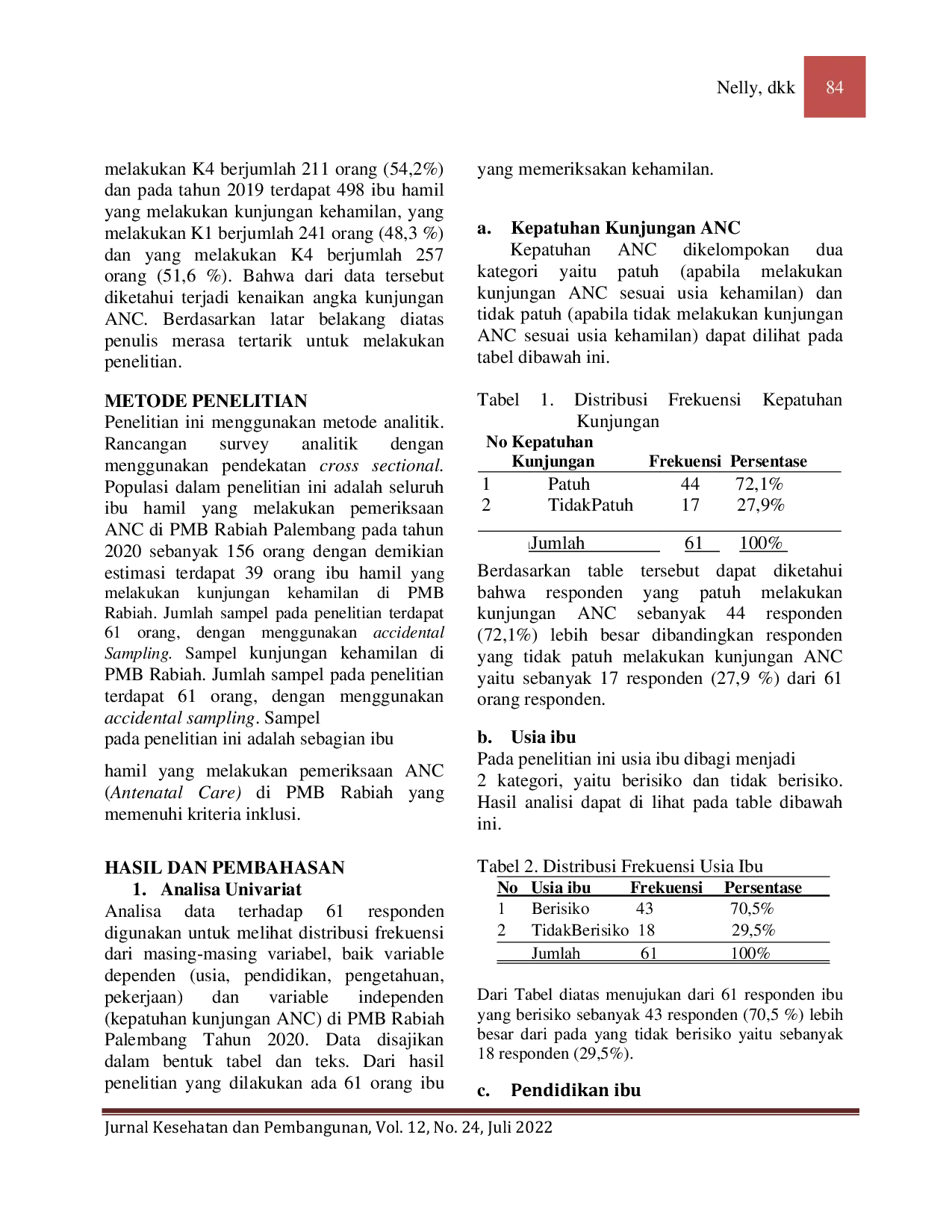 JURIS Hubungan Karakteristik Dan Pengetahuan Ibu Hamil Tentang Antenatal Care Terhadap Kepatuhan Kunjungan Kehamilan Di Klinik Alia Medika Palembang Tahun 2020