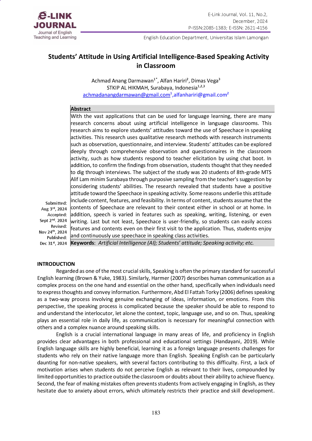 juris Students Attitude in Using Artificial Intelligence Based Speaking Activity in Classroom