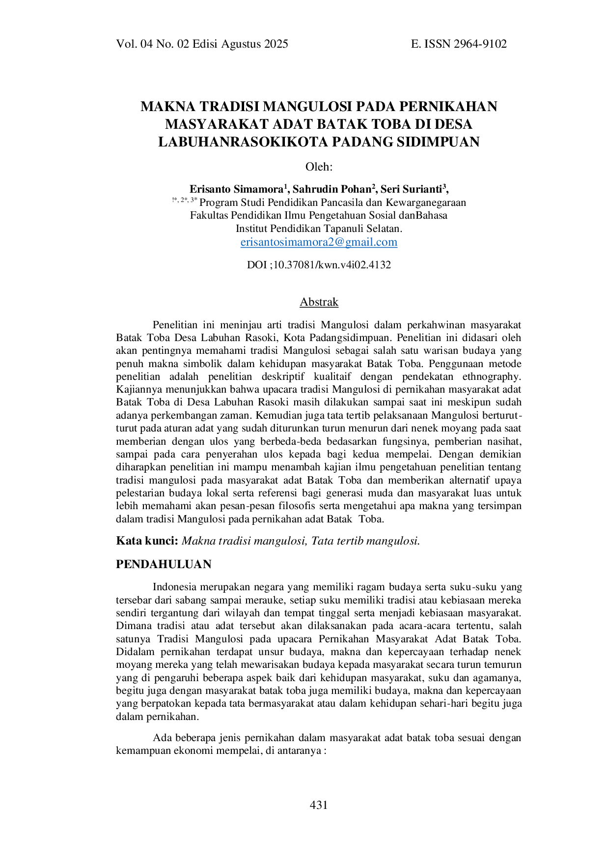 juris Makna Tradisi Mangulosi Pada Pernikahan Masyarakat Adat Batak Toba Di Desa Labuhan Rasoki Kota Padang Sidimpuan