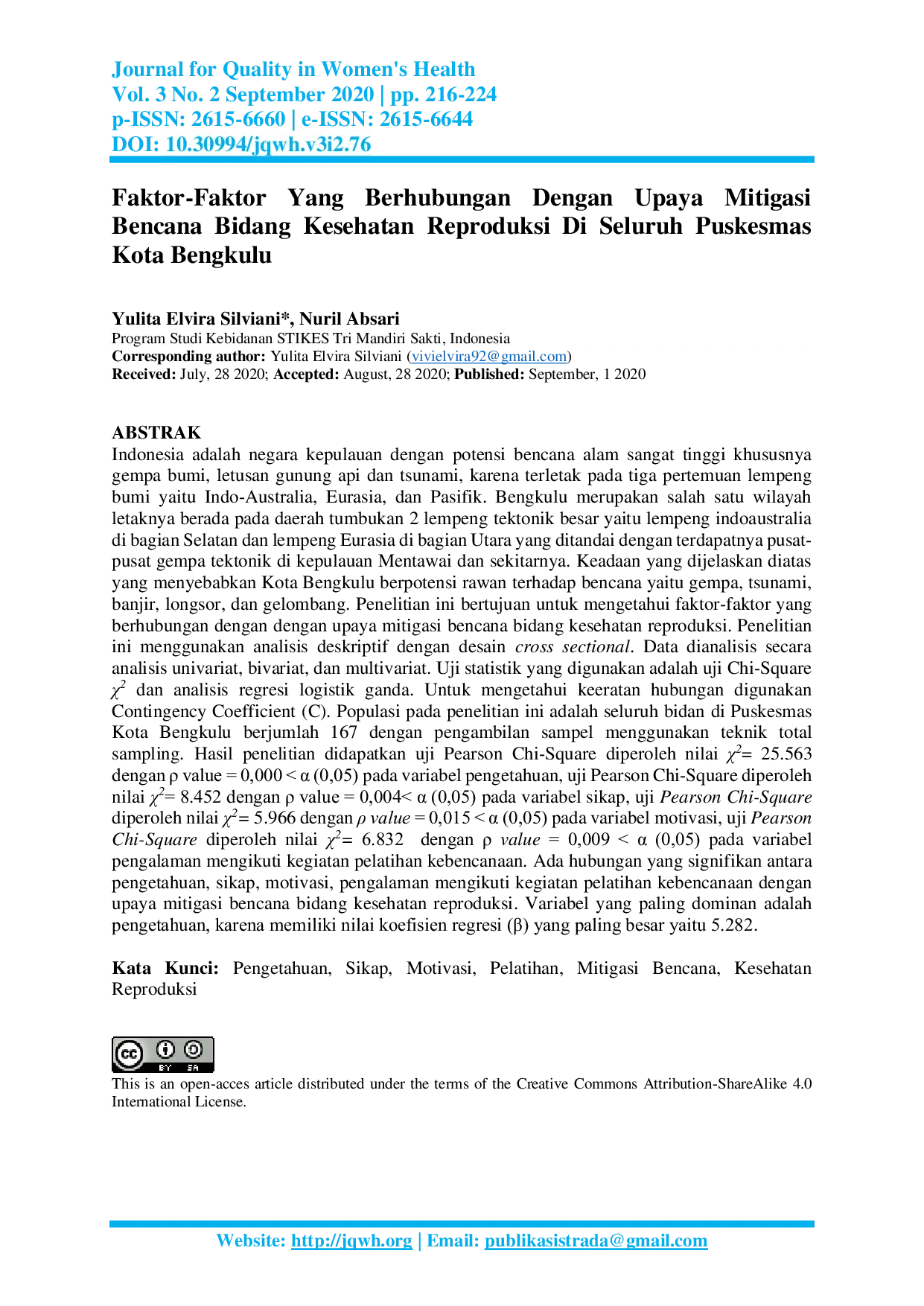 JURIS Faktor Faktor Yang Berhubungan Dengan Upaya Mitigasi Bencana Bidang Kesehatan Reproduksi Di Seluruh Puskesmas Kota Bengkulu