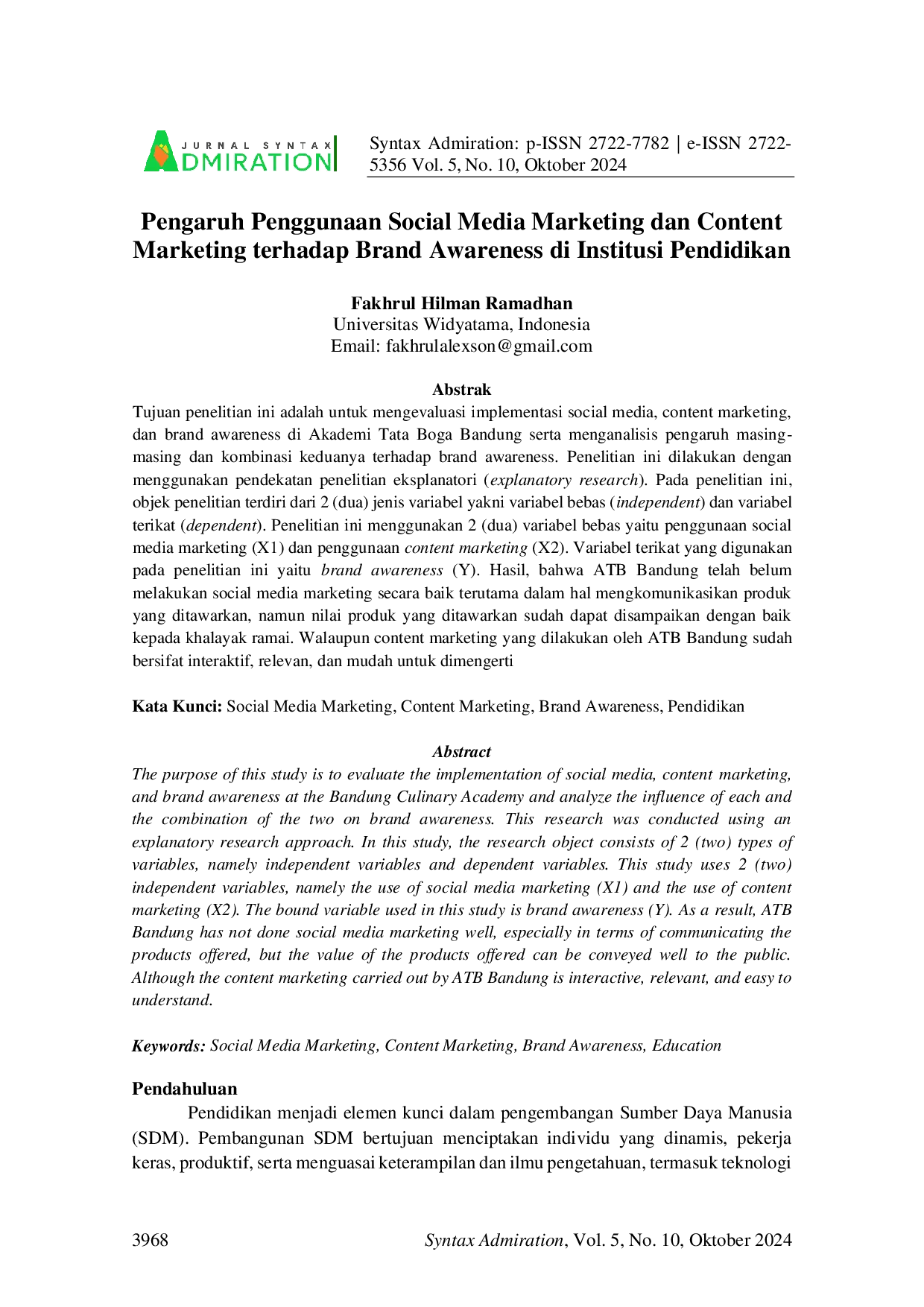 JURIS Pengaruh Penggunaan Social Media Marketing dan Content Marketing terhadap Brand Awareness di Institusi Pendidikan