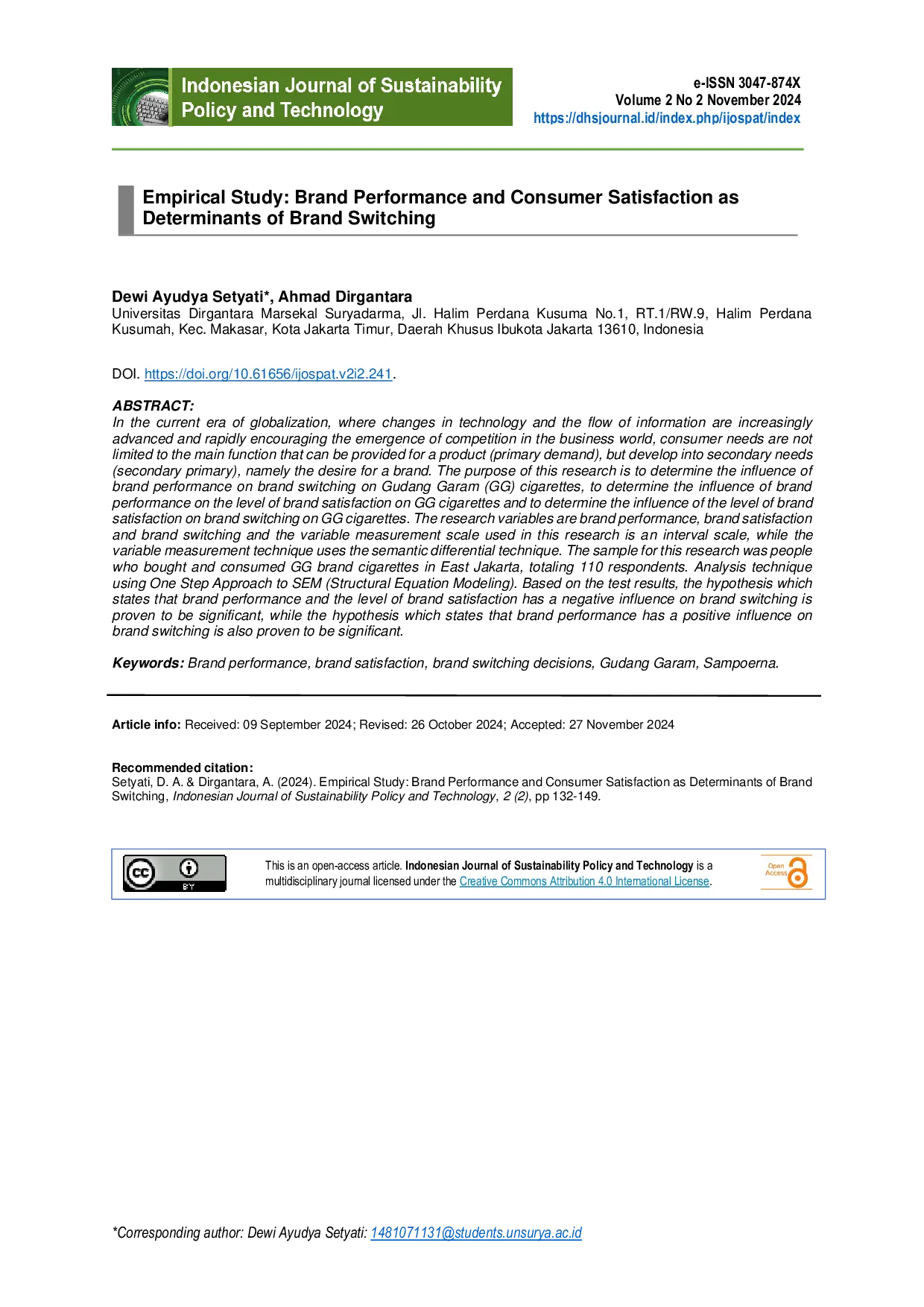 JURIS Empirical Study Brand Performance And Consumer Satisfaction As Determinants Of Brand Switching