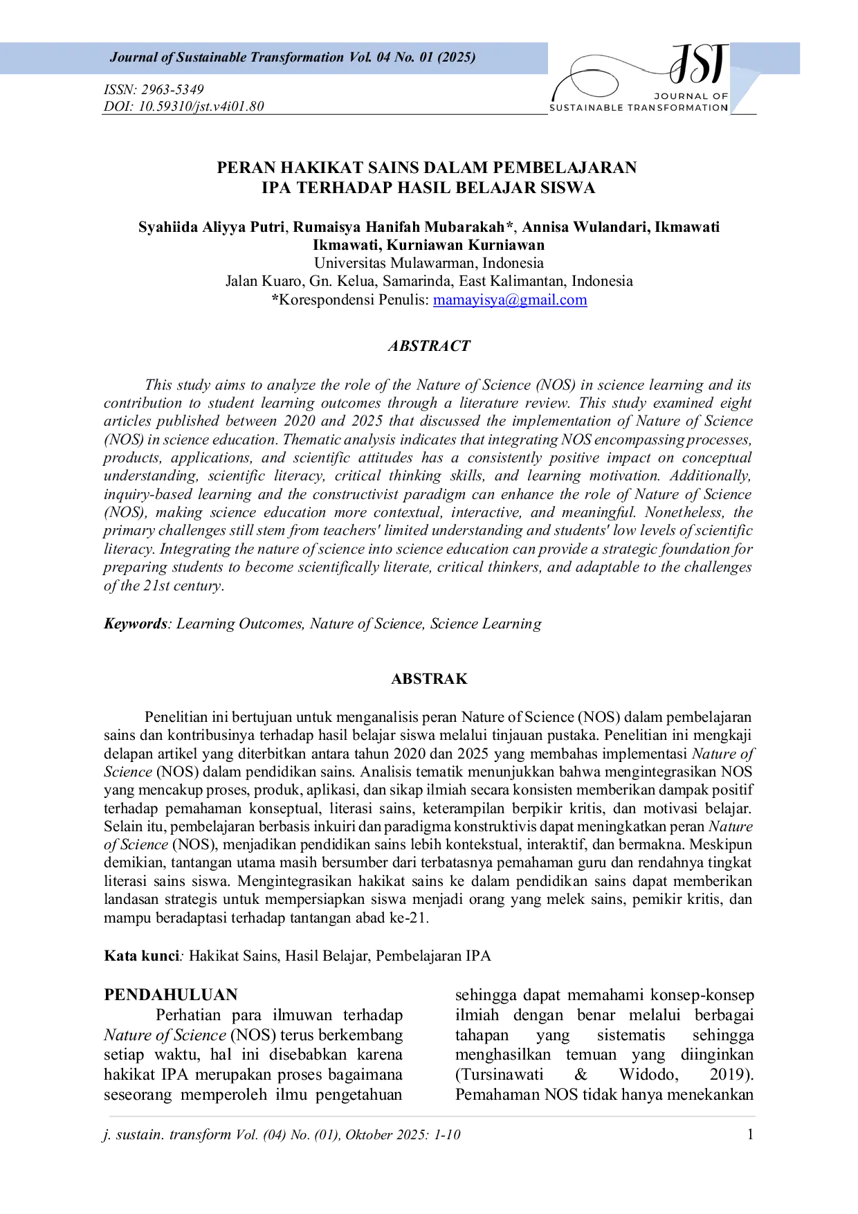 JURIS Peran Hakikat Sains dalam Pembelajaran IPA terhadap Hasil Belajar Siswa