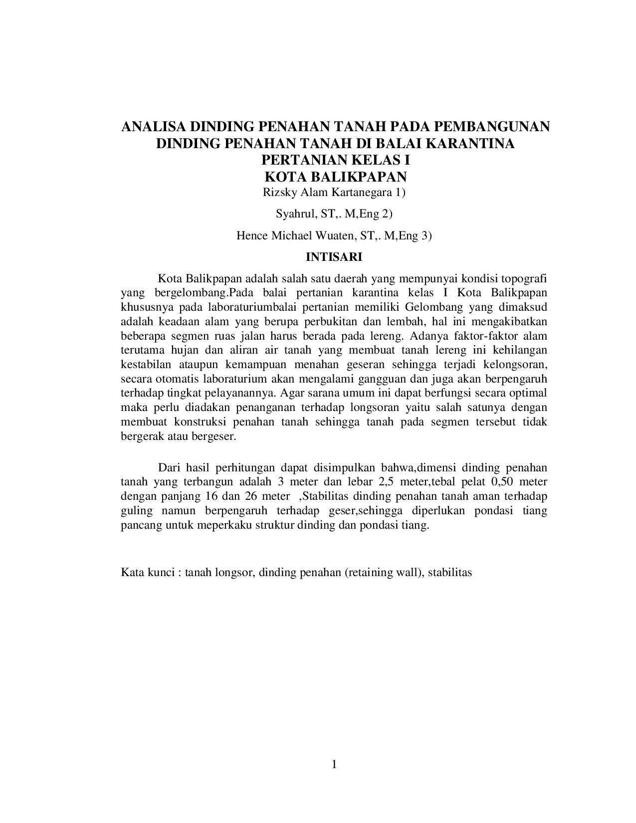 JURIS Analisa Dinding Penahan Tanah Pada Pembangunan Dinding Penahan Tanah Di Balai Karantina Pertanian Kelas I Kota Balikpapan