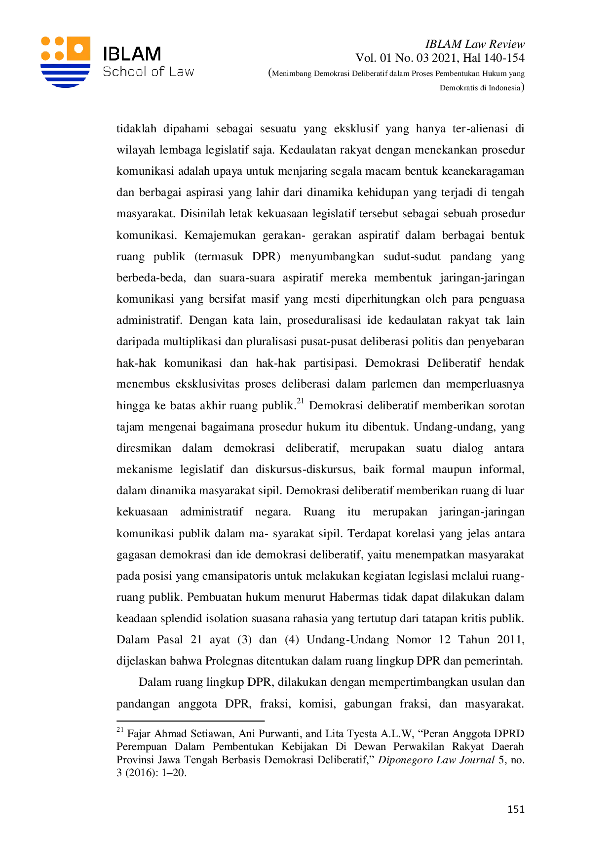 JURIS Menimbang Demokrasi Deliberatif dalam Proses Pembentukan Hukum yang Demokratis di Indonesia
