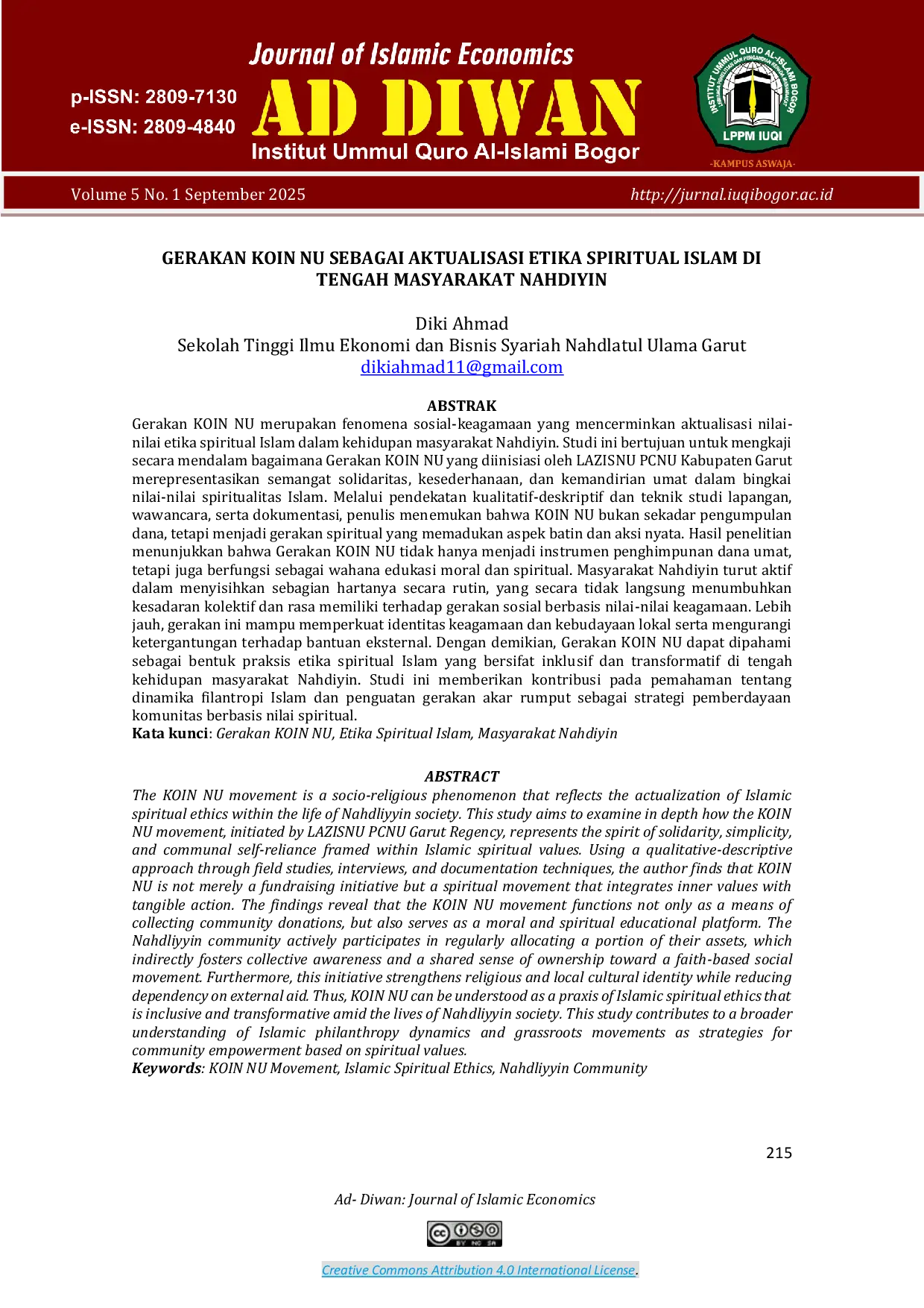 JURIS Gerakan KOIN NU Sebagai Aktualisasi Etika Spiritual Islam di Tengah Masyarakat Nahdiyin