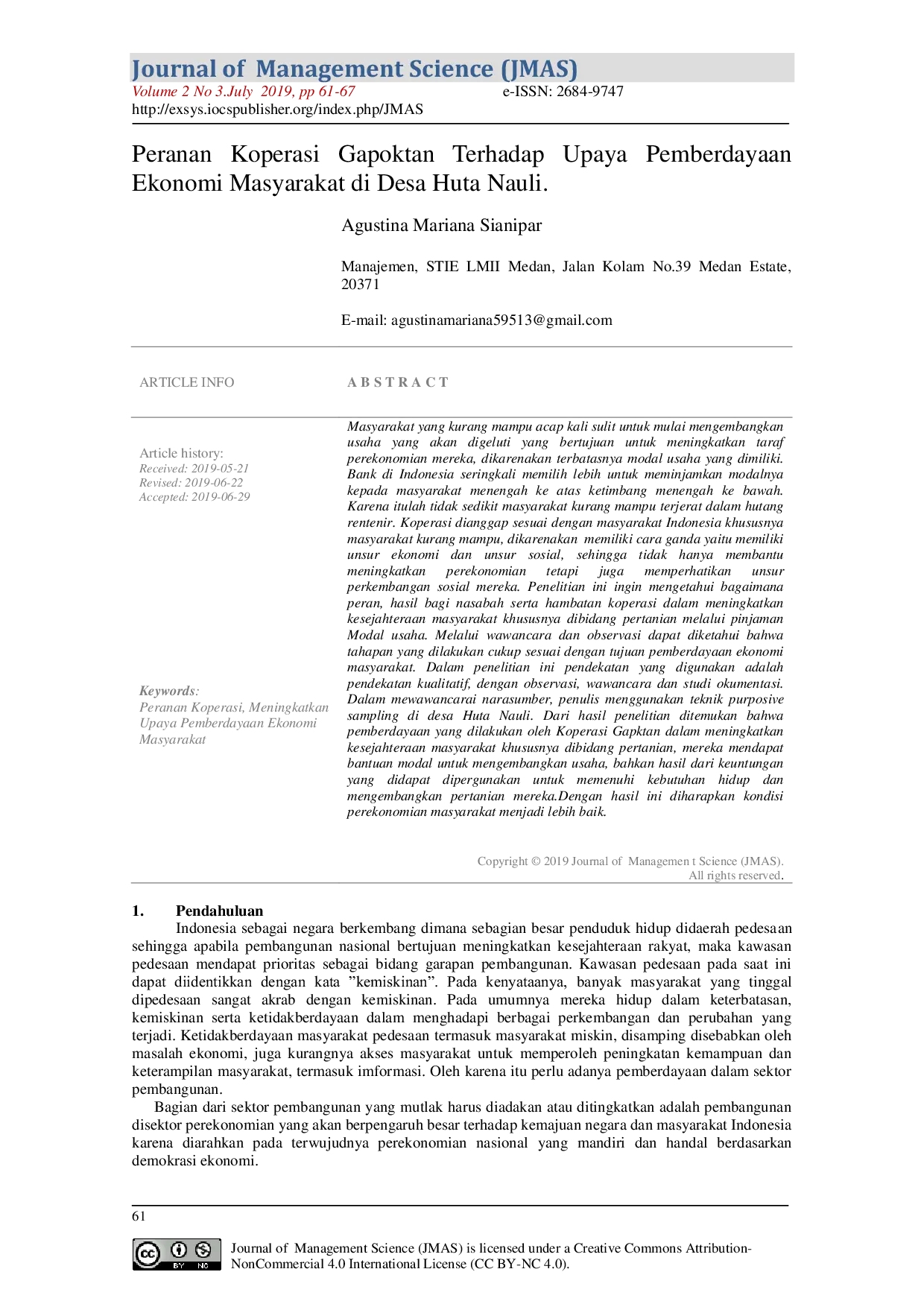 JURIS Peranan Koperasi Gapoktan Terhadap Upaya Pemberdayaan Ekonomi Masyarakat di Desa Huta Nauli