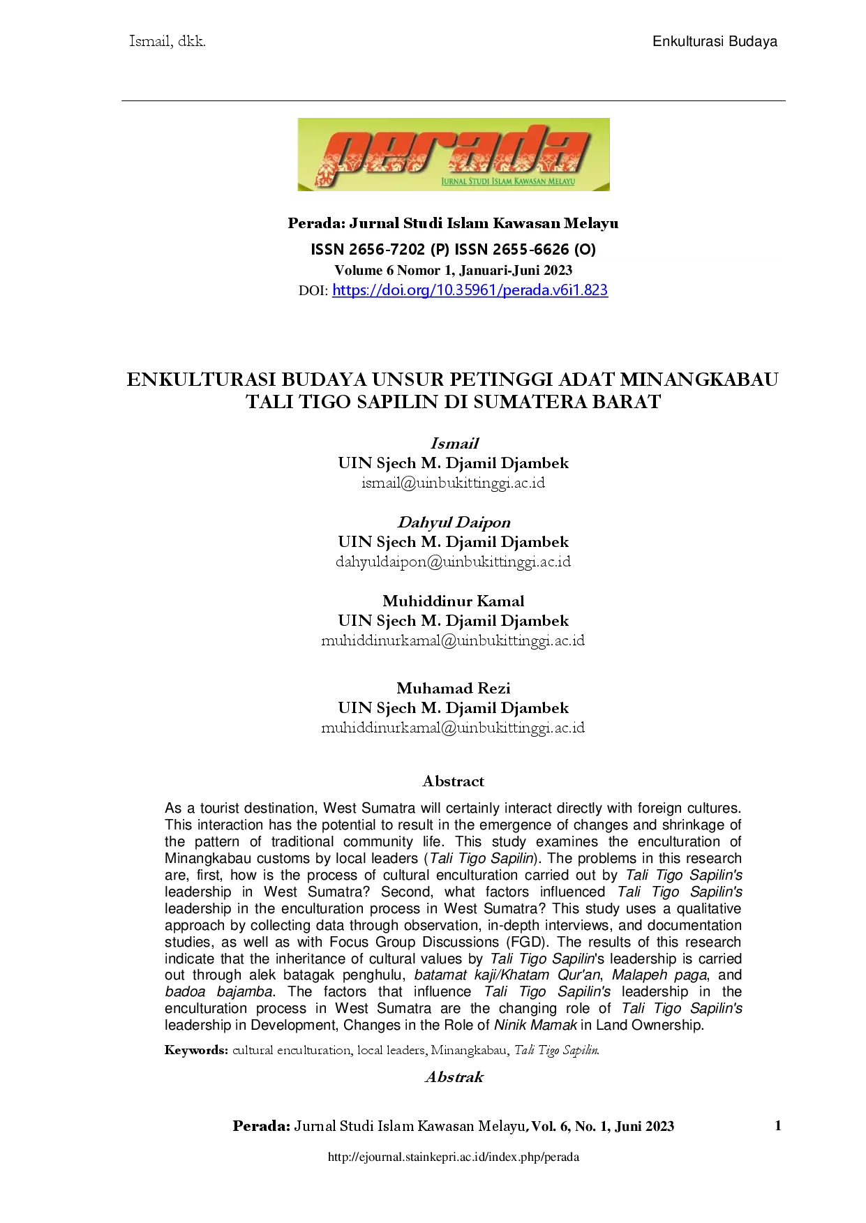 juris Enkulturasi Budaya Unsur Petinggi Adat Minangkabau Tali Tigo Sapilin Di Sumatera Barat