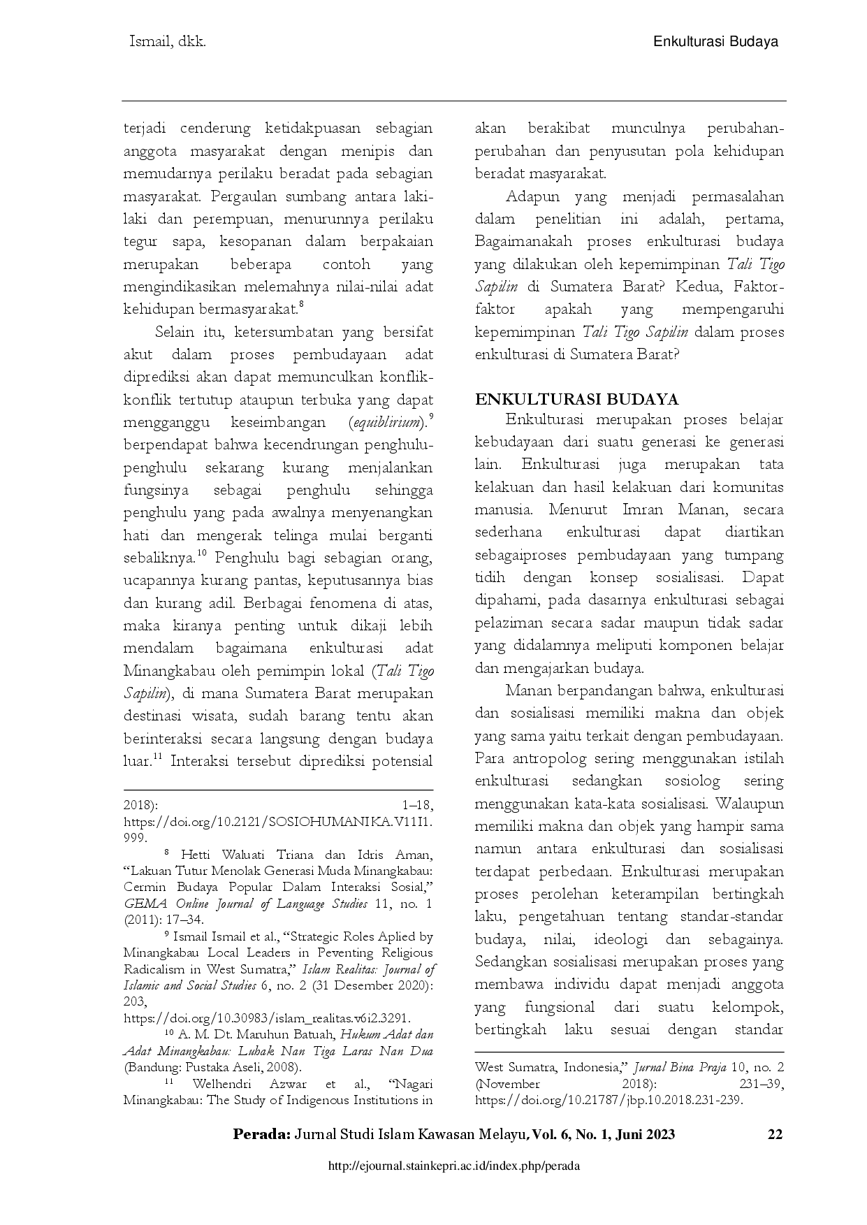 juris Enkulturasi Budaya Unsur Petinggi Adat Minangkabau Tali Tigo Sapilin Di Sumatera Barat