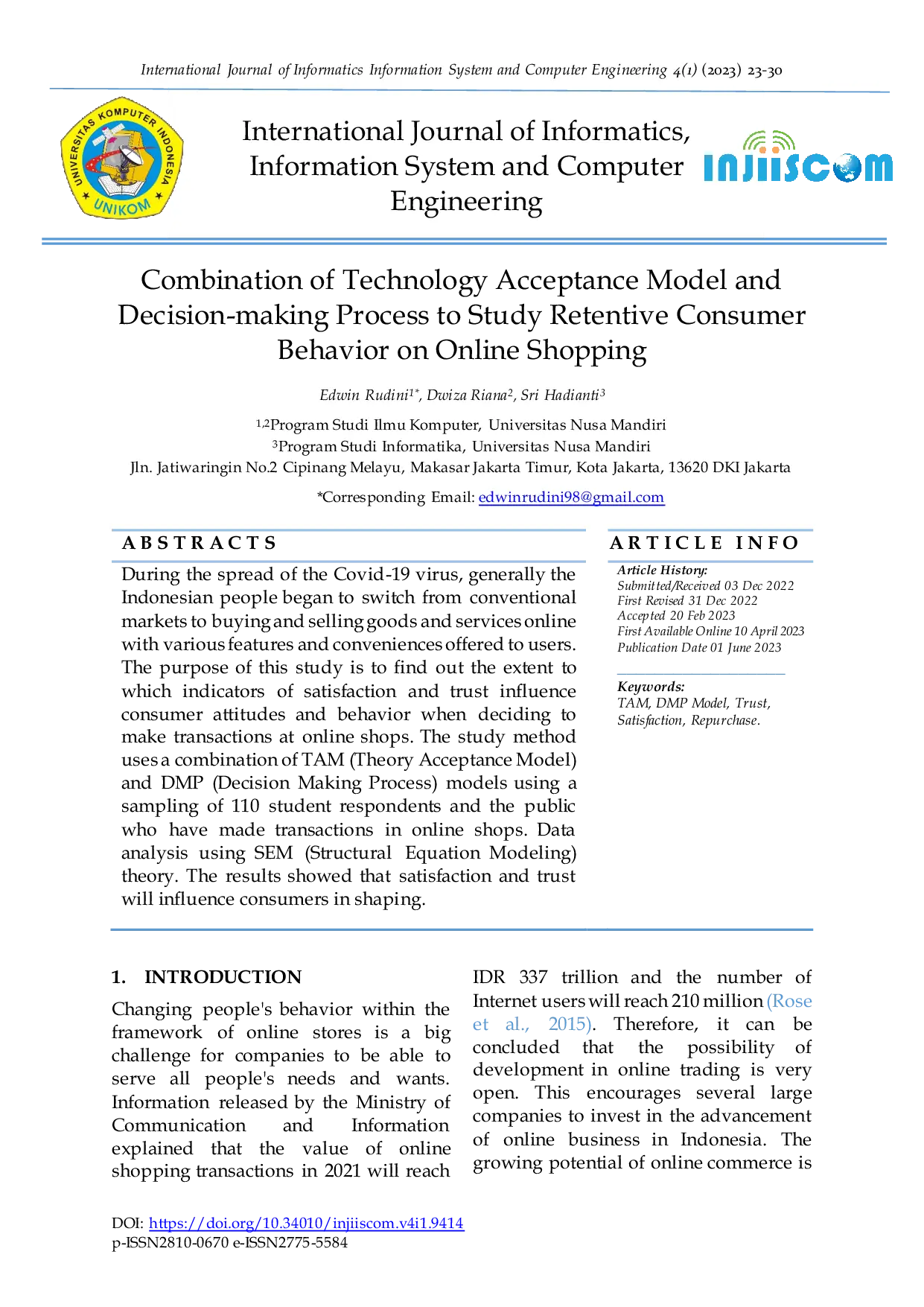 JURIS Combination of Technology Acceptance Model and Decision making Process to Study Retentive Consumer Behavior on Online Shopping