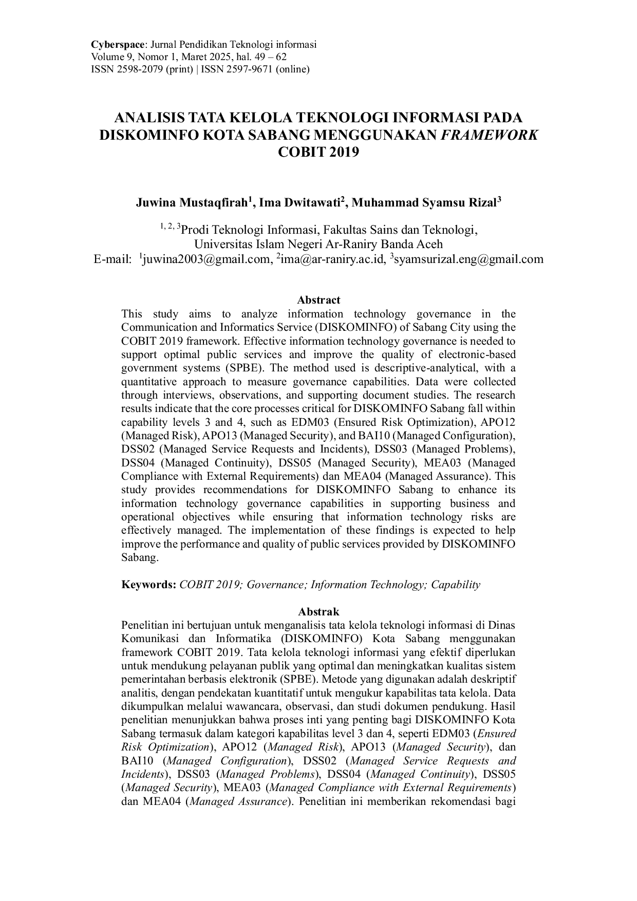 JURIS Analisis Tata Kelola Teknologi Informasi Pada Diskominfo Kota Sabang Menggunakan Framework Cobit 2019