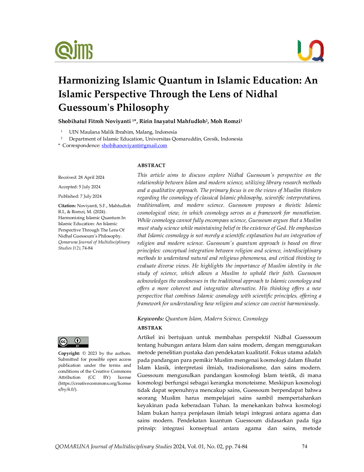 JURIS Harmonisasi Kuantum Islam dalam Pendidikan Islam Perspektif Islam Melalui Lensa Filsafat Nidhal Guessoum