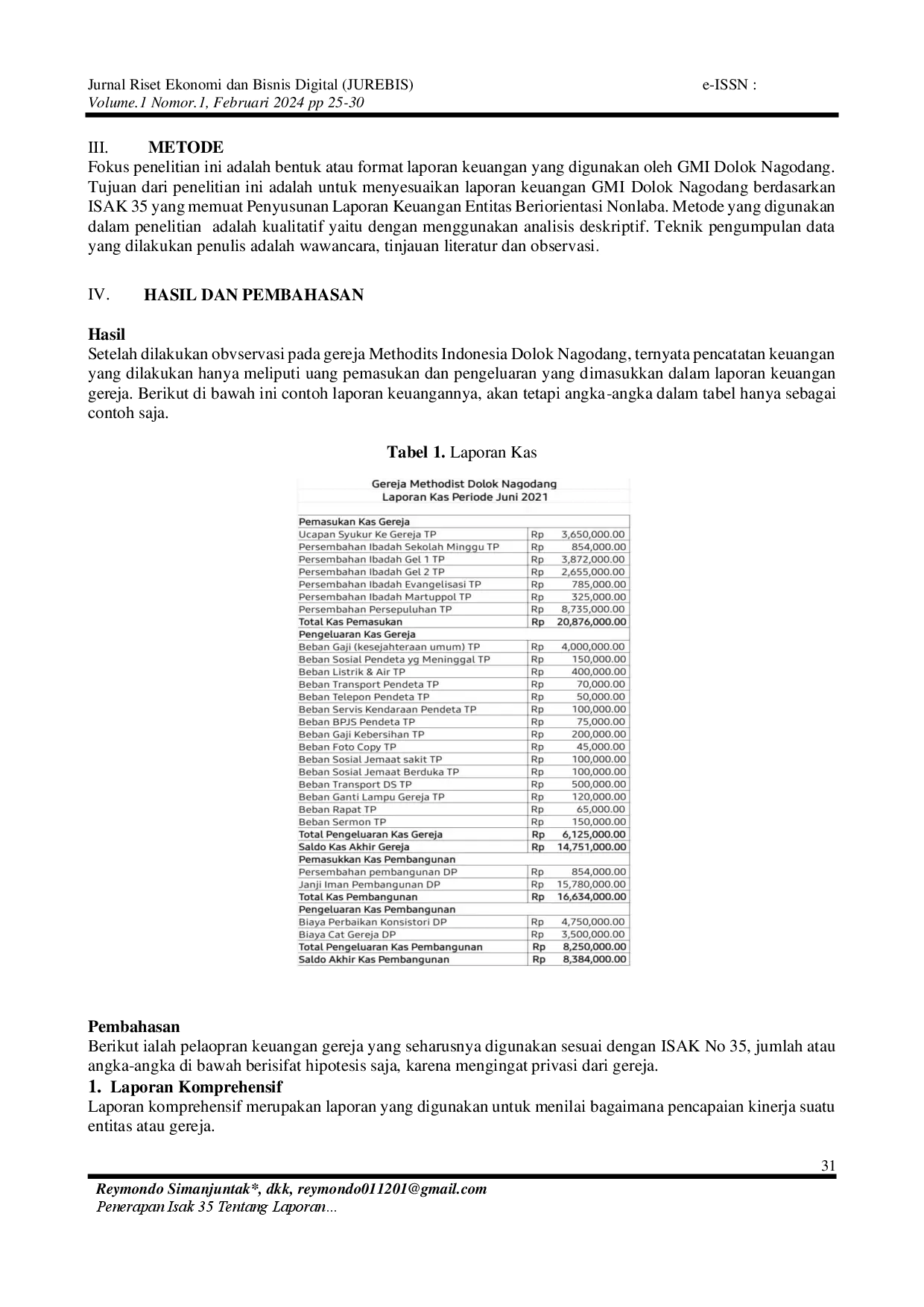 JURIS Penerapan Isak 35 Tentang Laporan Keuangan Organisasi Non Laba Pada Gereja Methodist Indonesia Dolok Nagodang