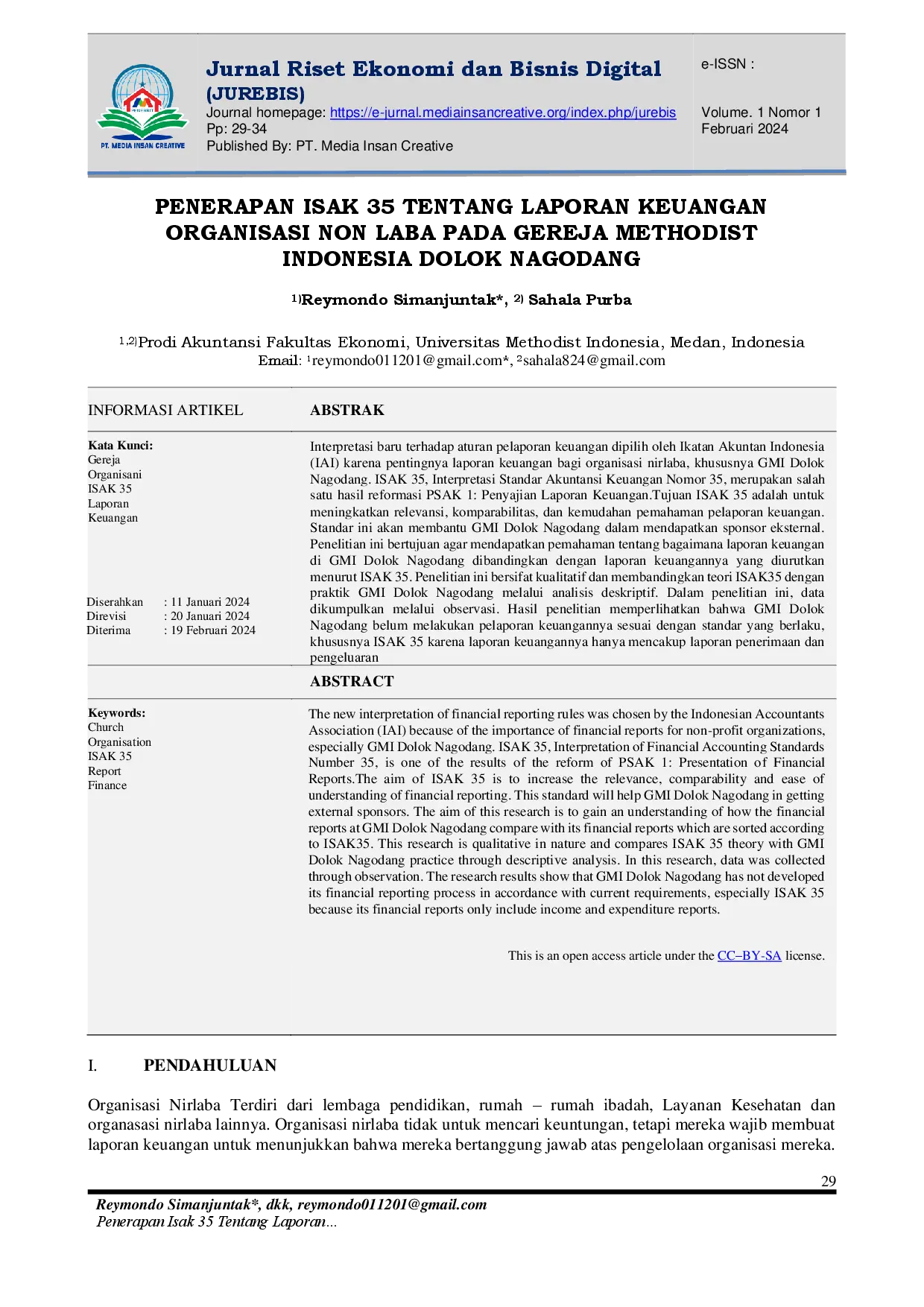 JURIS Penerapan Isak 35 Tentang Laporan Keuangan Organisasi Non Laba Pada Gereja Methodist Indonesia Dolok Nagodang