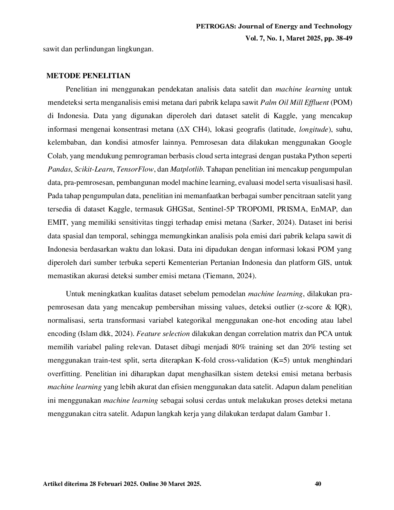 JURIS Deteksi Emisi Metana dari Pabrik Kelapa Sawit di Indonesia Menggunakan Data Satelit Dengan Menggunakan Metode Machine Learning