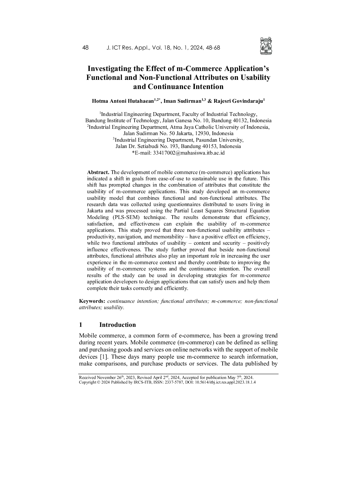 JURIS Investigating the Effect of m Commerce Application s Functional and Non Functional Attributes on Usability and Continuance Intention