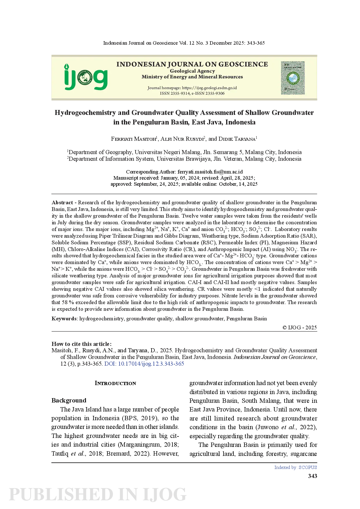 juris Hydrogeochemistry and Groundwater Quality Assessment of Shallow Groundwater in the Penguluran Basin East Java Indonesia