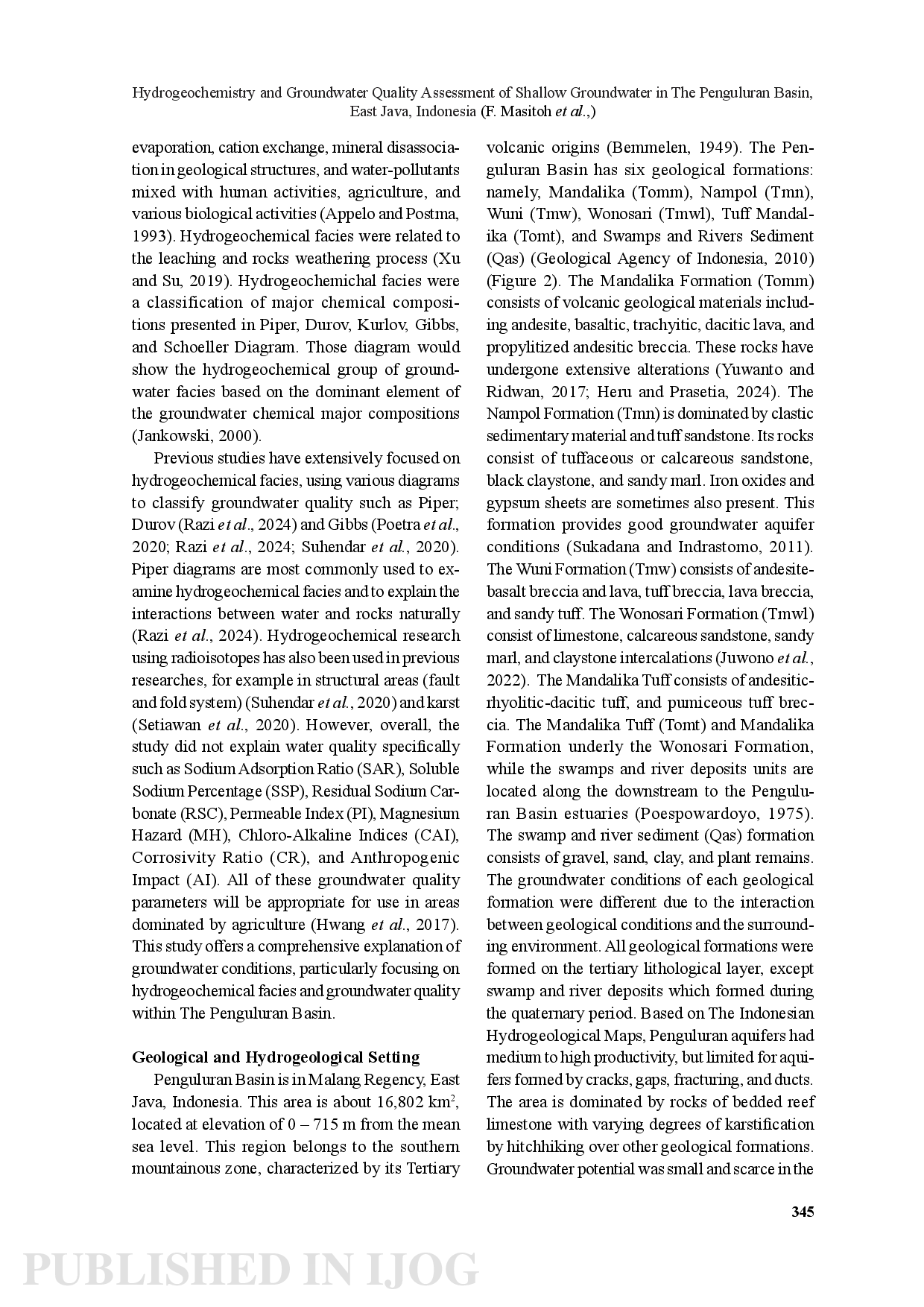 juris Hydrogeochemistry and Groundwater Quality Assessment of Shallow Groundwater in the Penguluran Basin East Java Indonesia