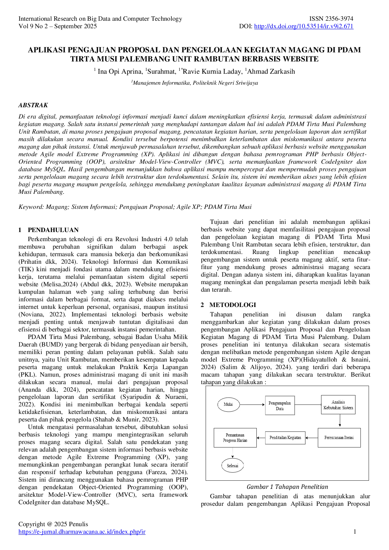 JURIS Aplikasi Pengajuan Proposal dan Pengelolaan Kegiatan Magang di PDAM Tirta Musi Palembang Unit Rambutan berbasis Website