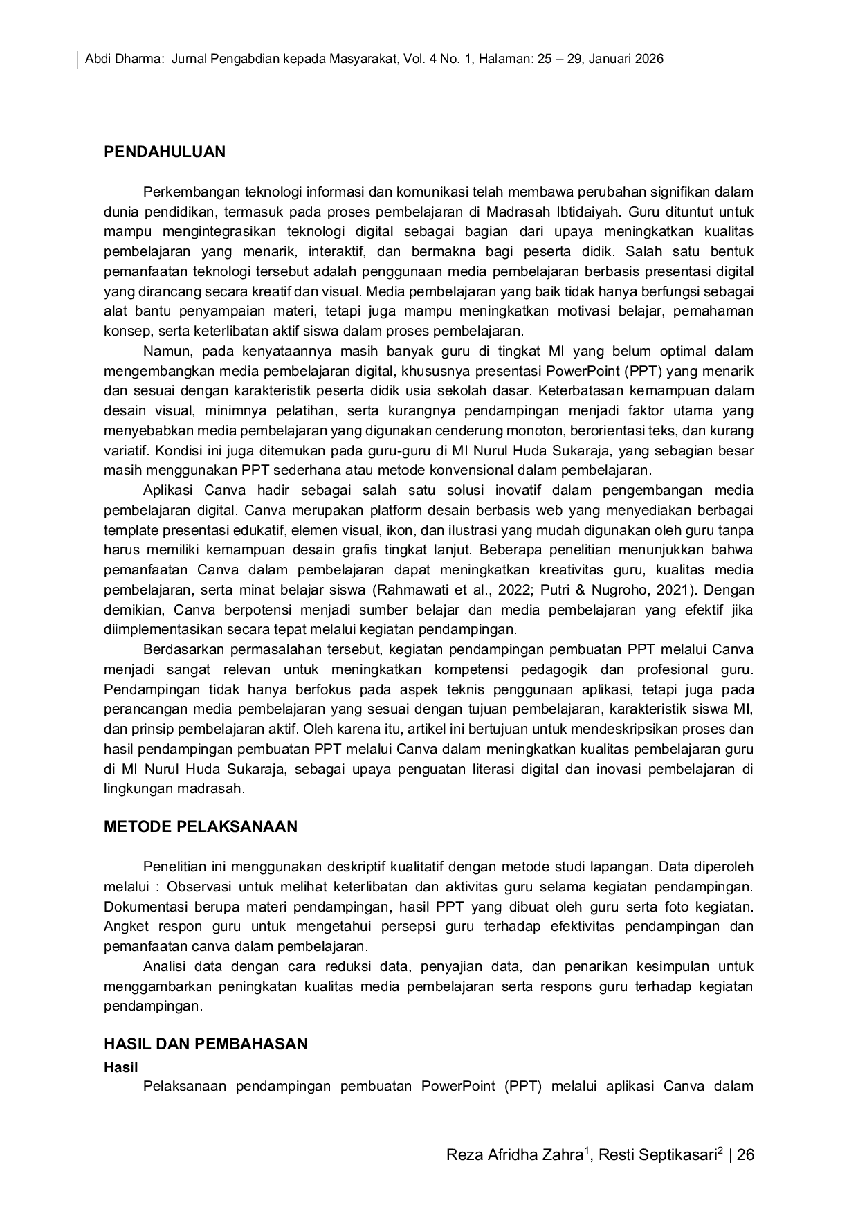 JURIS Mentoring in Developing PowerPoint Presentations Using Canva to Improve Teachers Instructional Quality at MI Nurul Huda Sukaraja